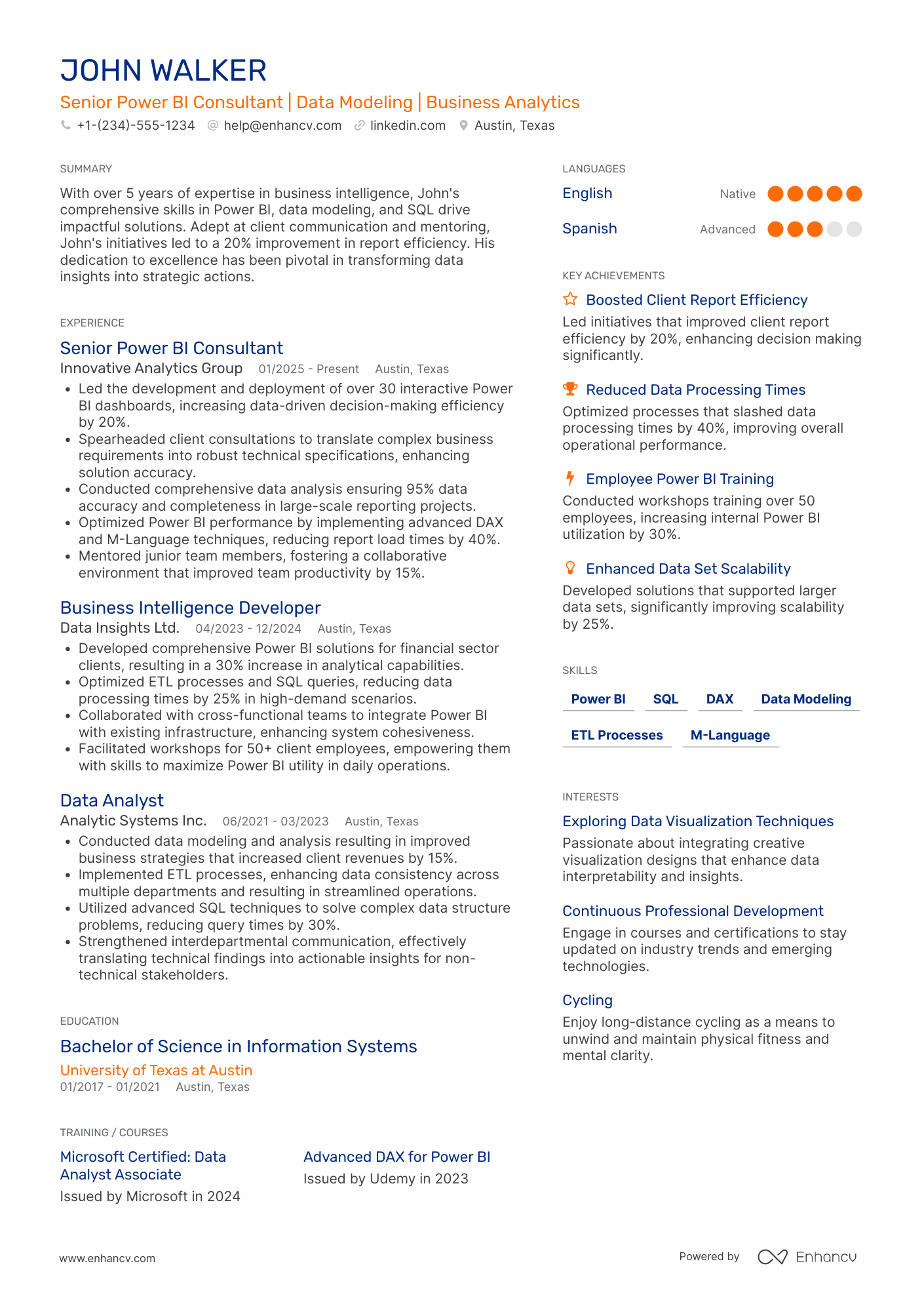 A resume example of a Senior Power BI Consultant