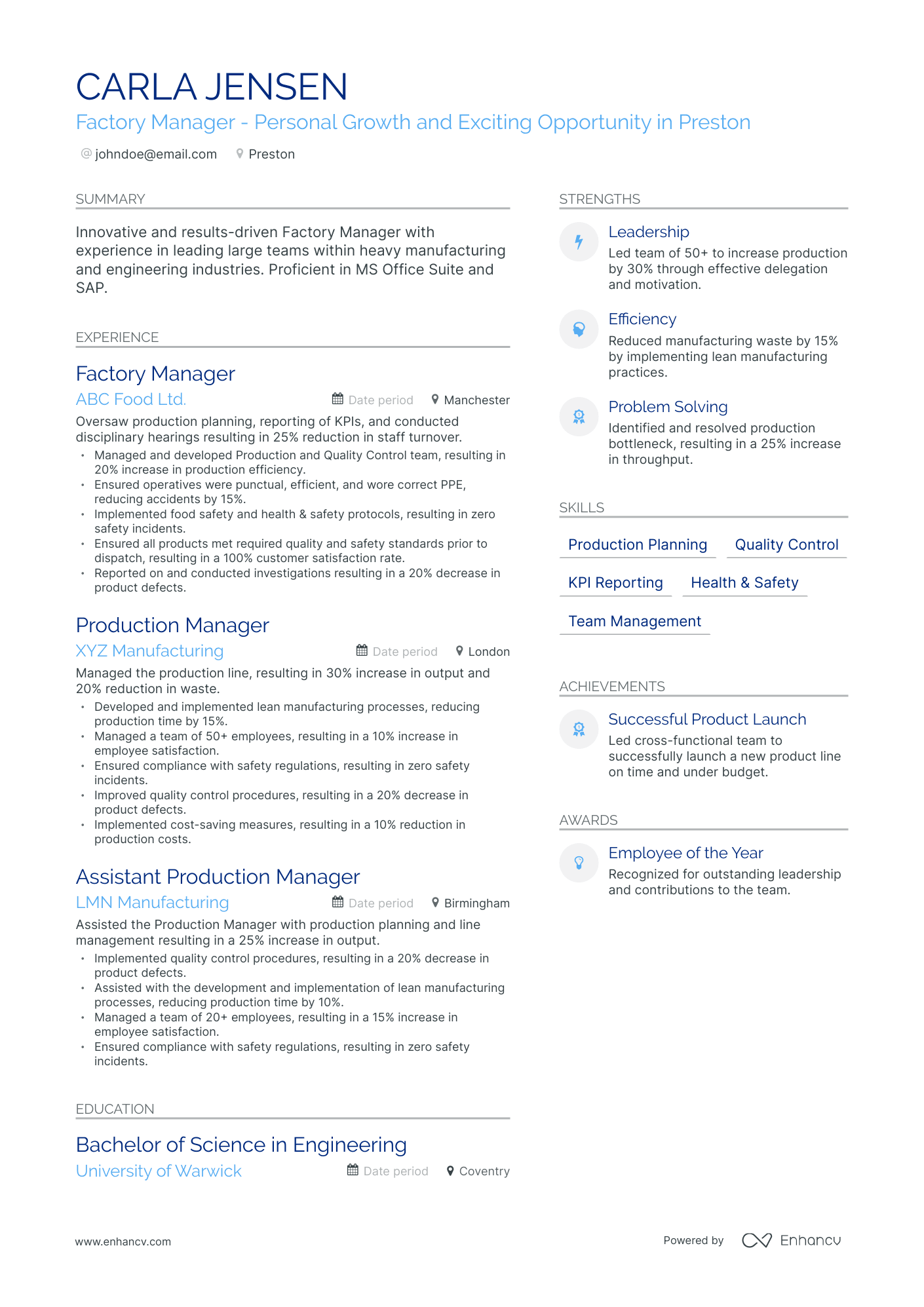 Modern Factory Manager Resume Template