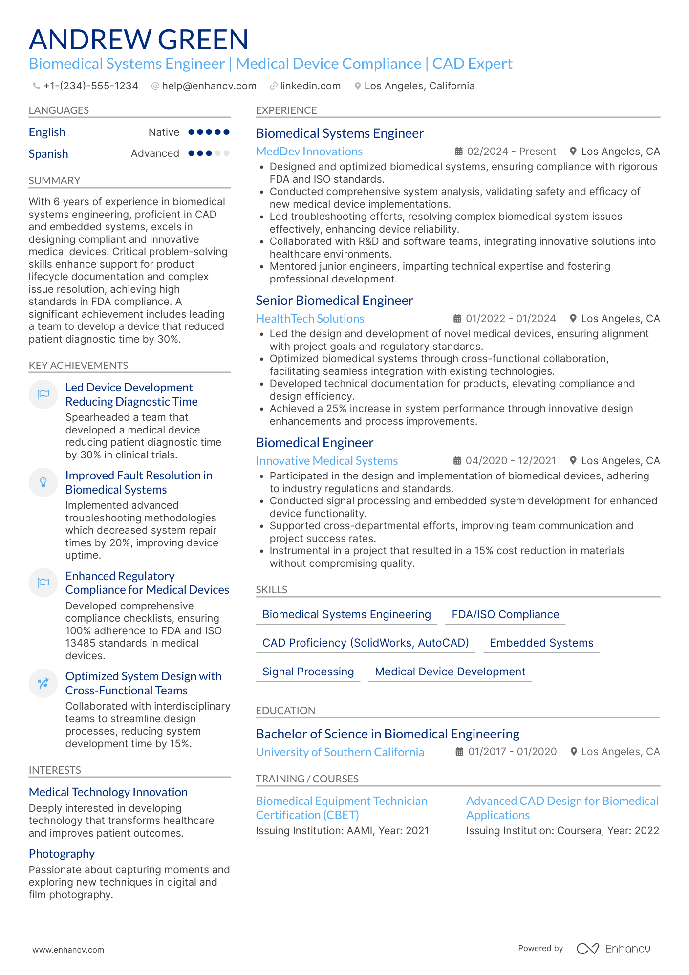 A resume example of a Biomedical Systems Engineer