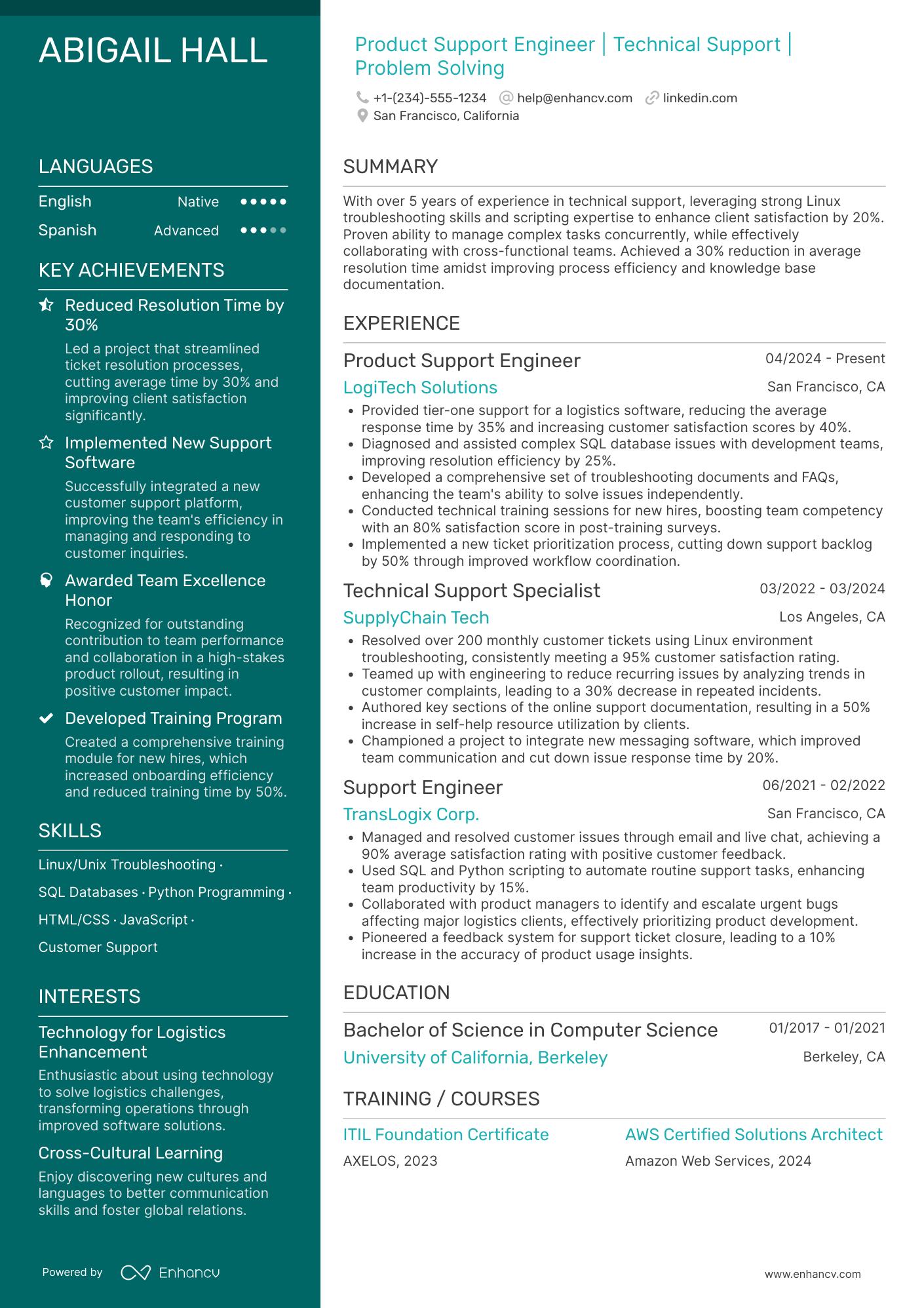 A resume example of a Product Support Engineer