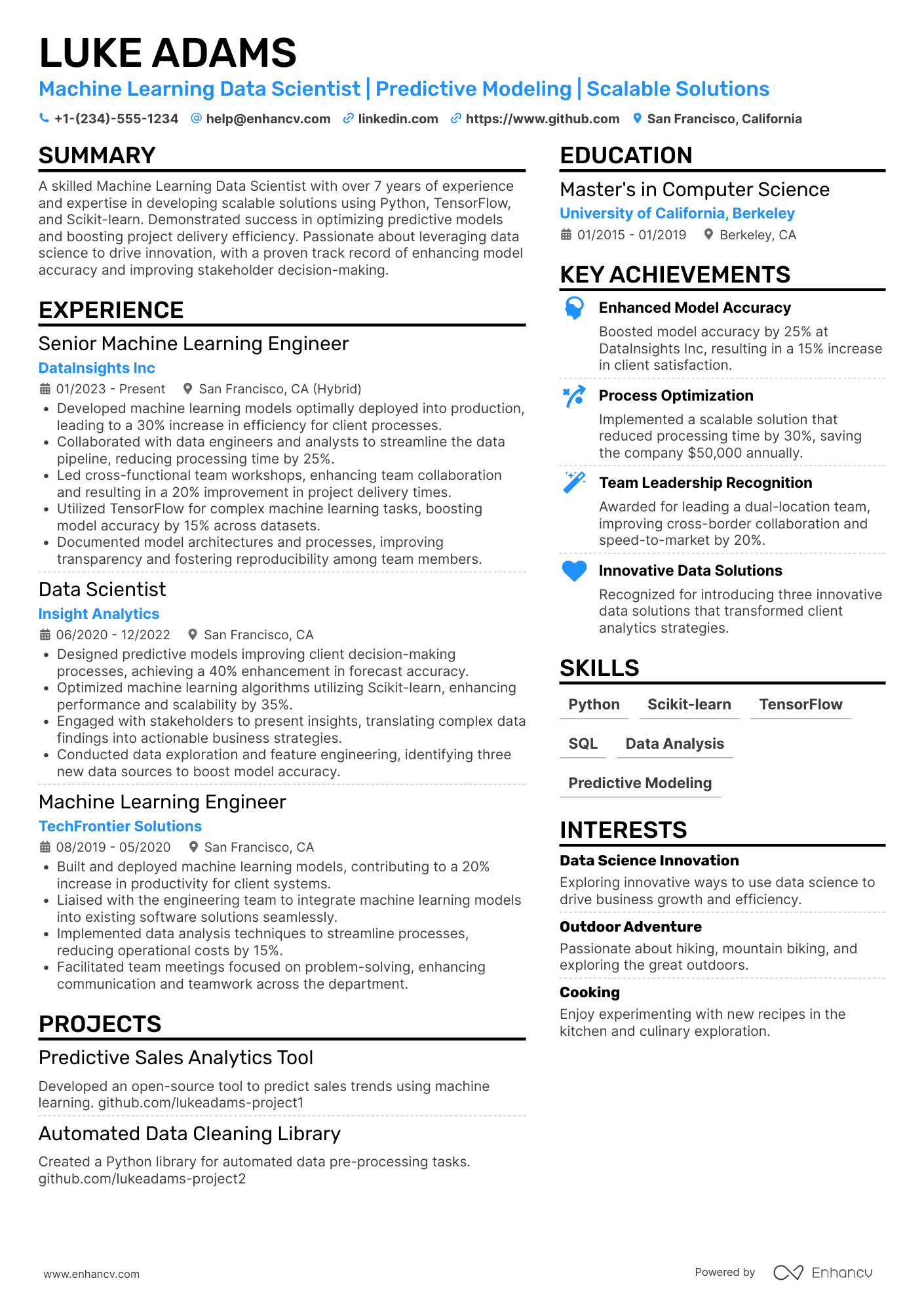 A resume example of a Machine Learning Data Scientist