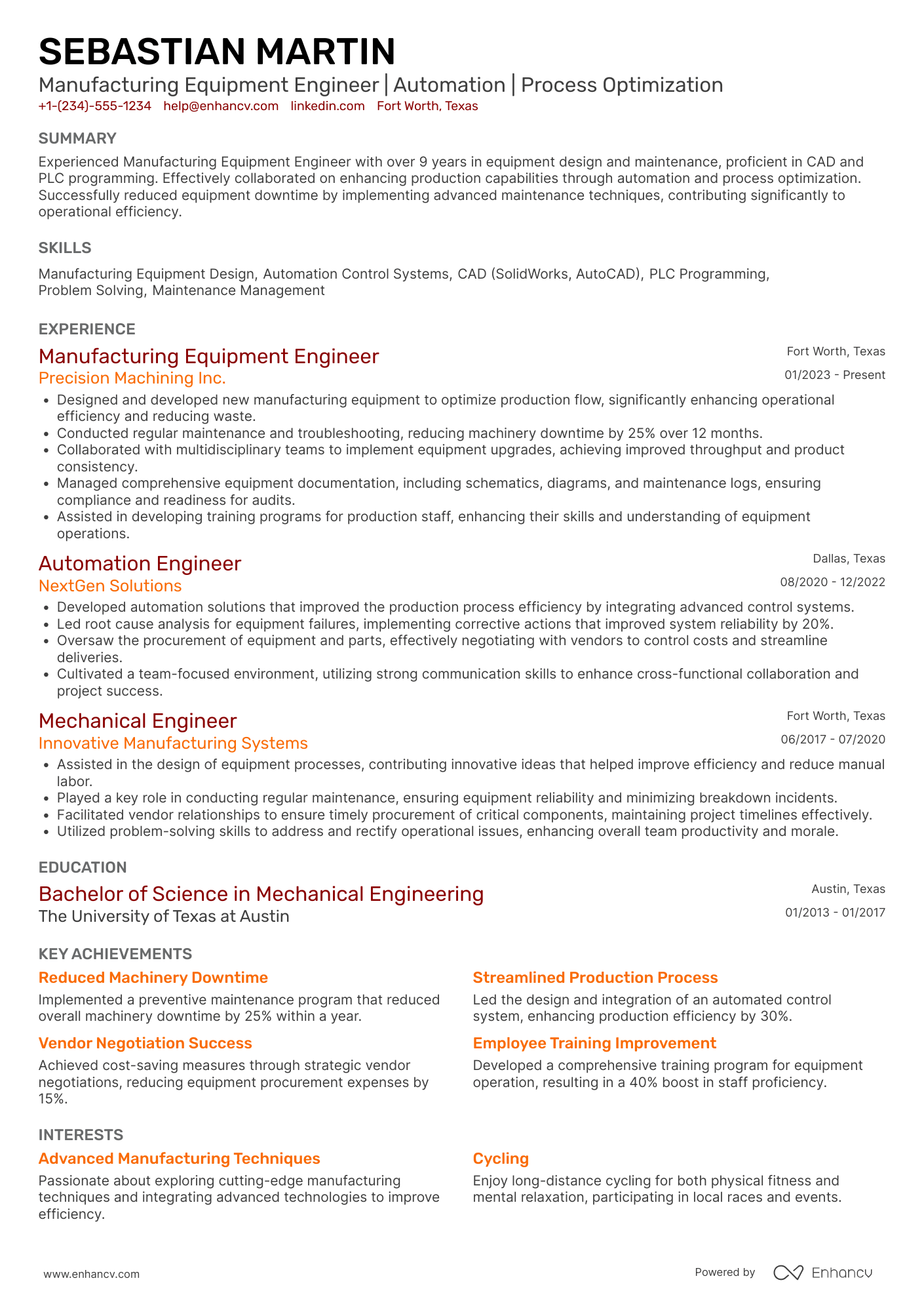 A resume example of a Manufacturing Equipment Engineer