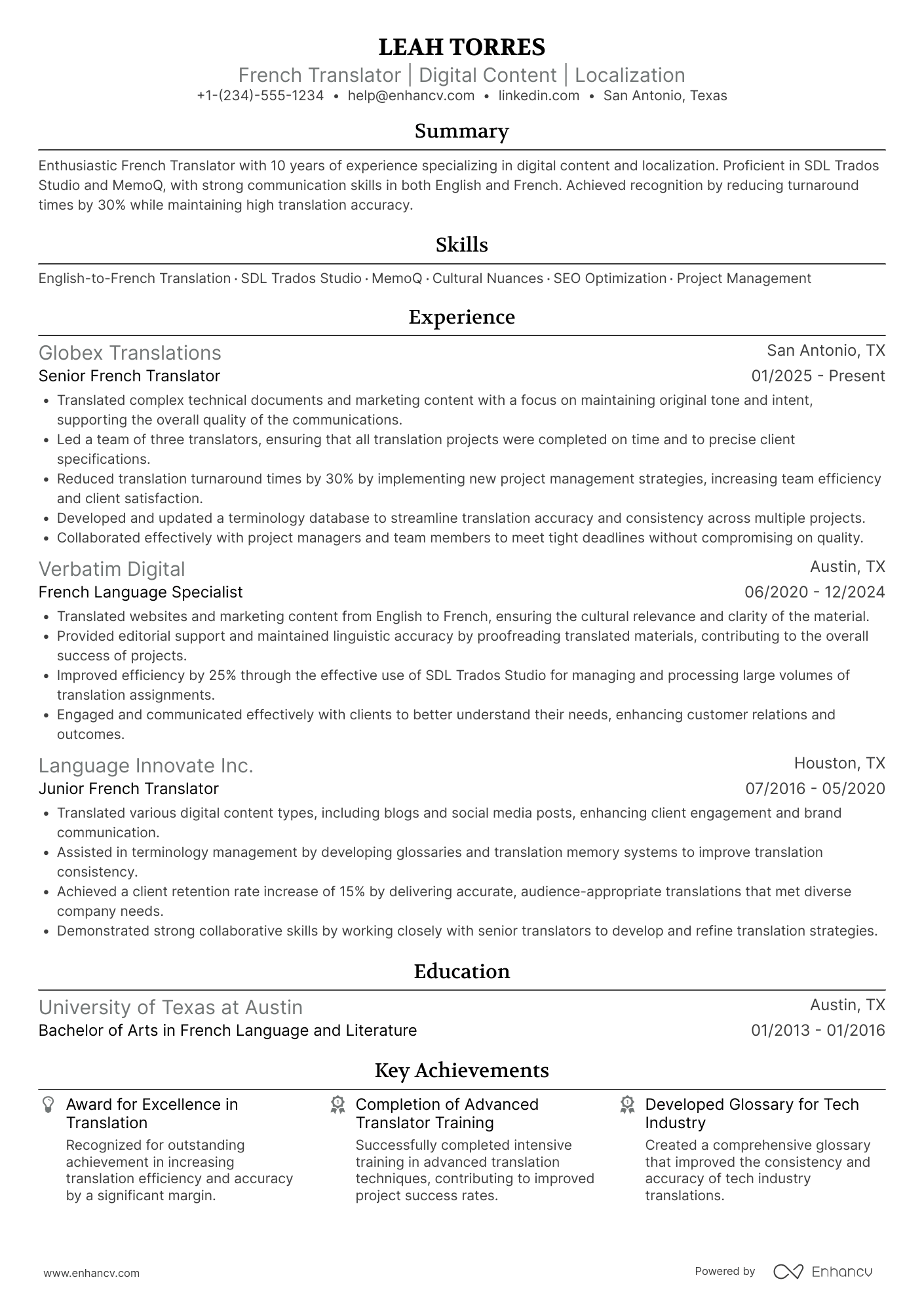 A resume example of a French Translator