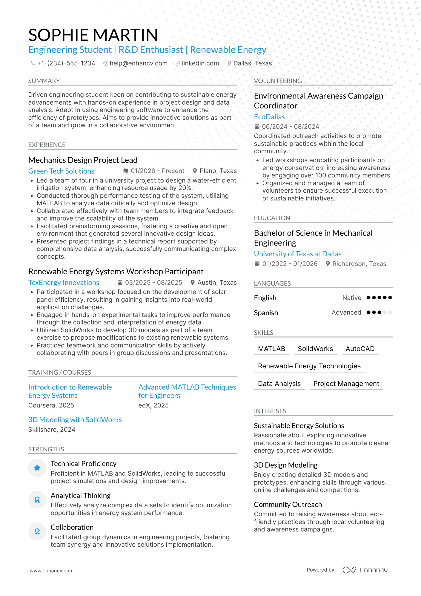 A resume example of a Engineering Student R&D Intern