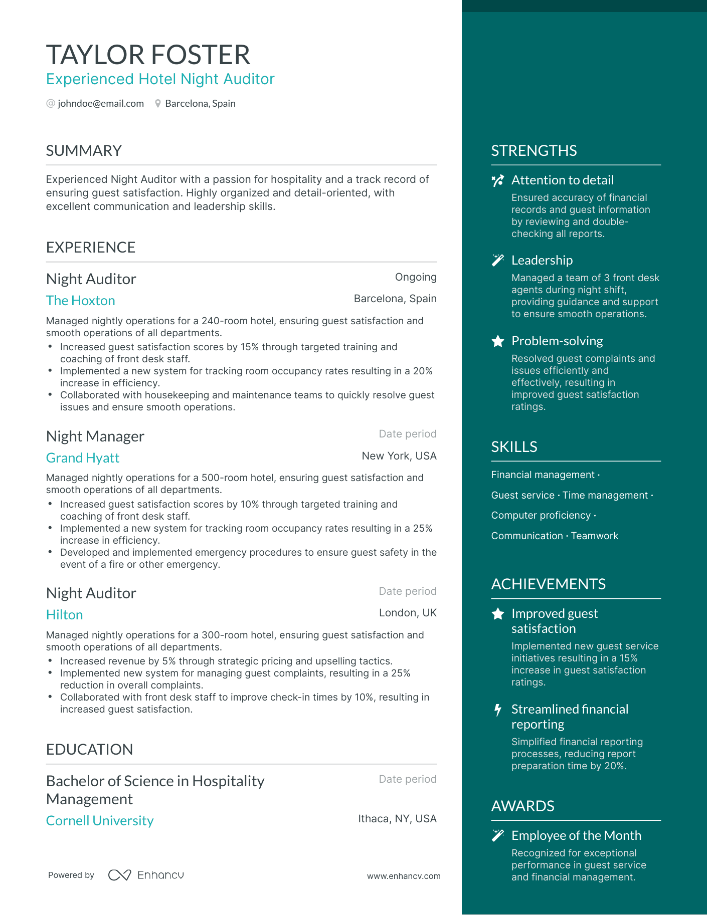 One Page Hotel Night Auditor Resume Template