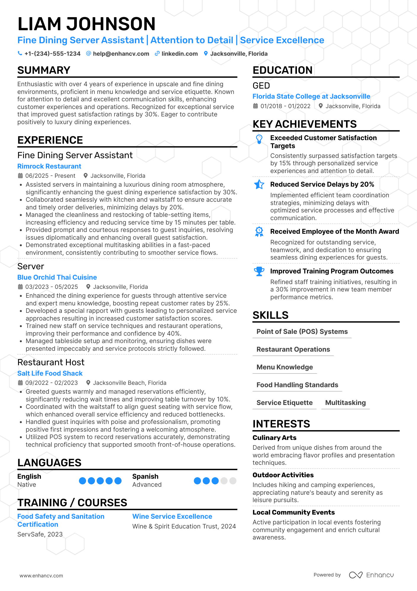 A resume example of a Fine Dining Server Assistant