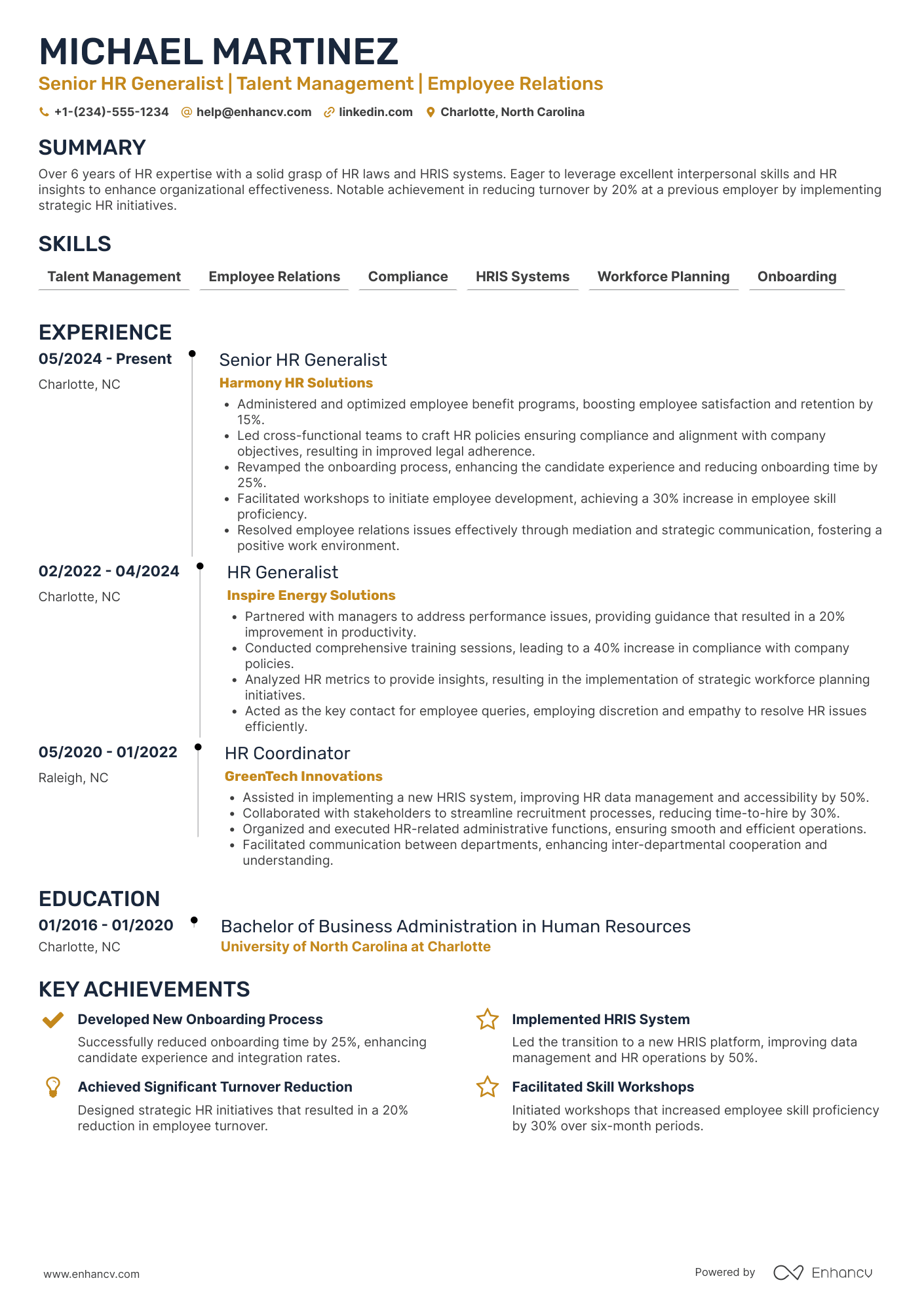 A resume example of a Senior HR Generalist