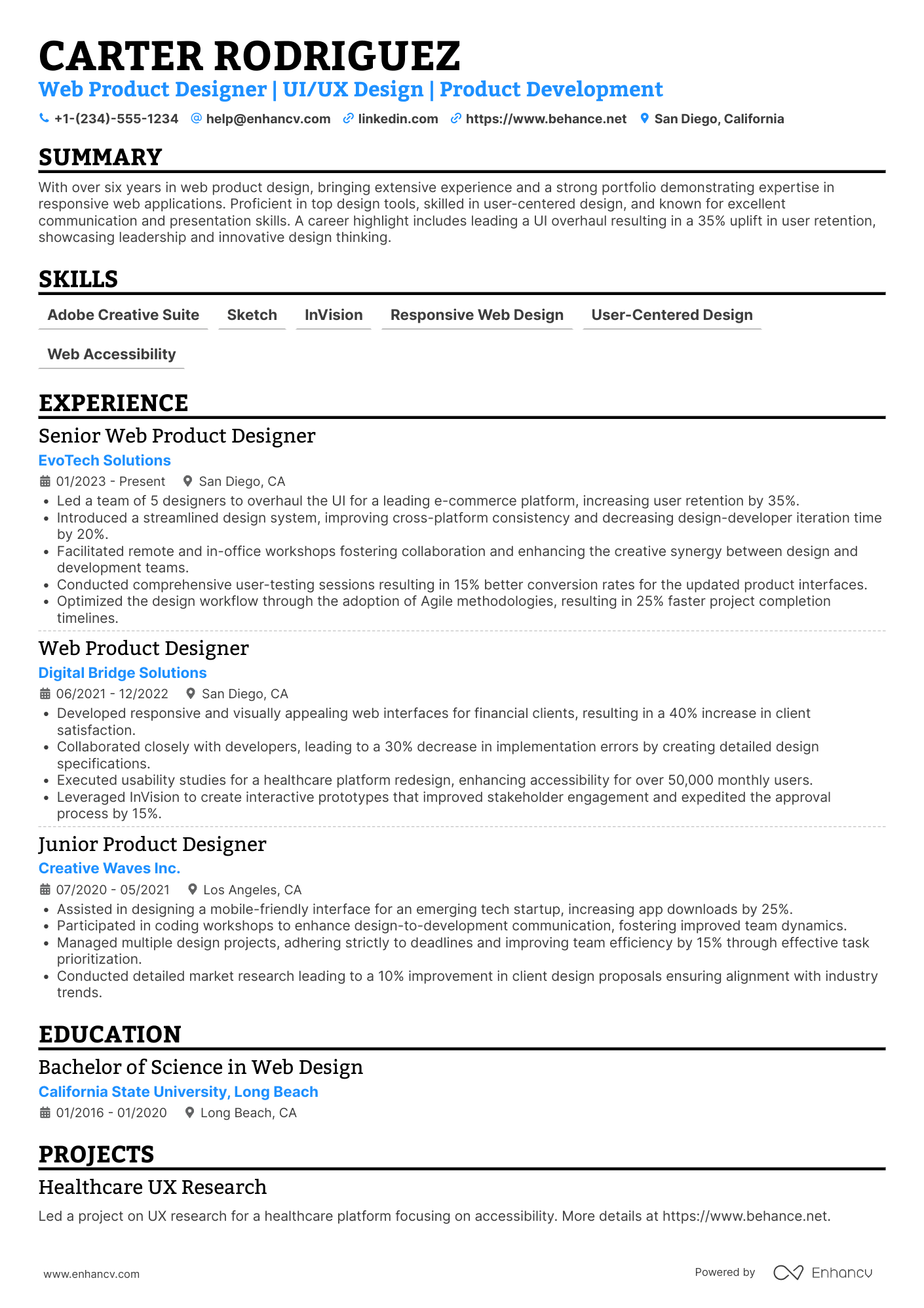 A resume example of a Web Product Designer