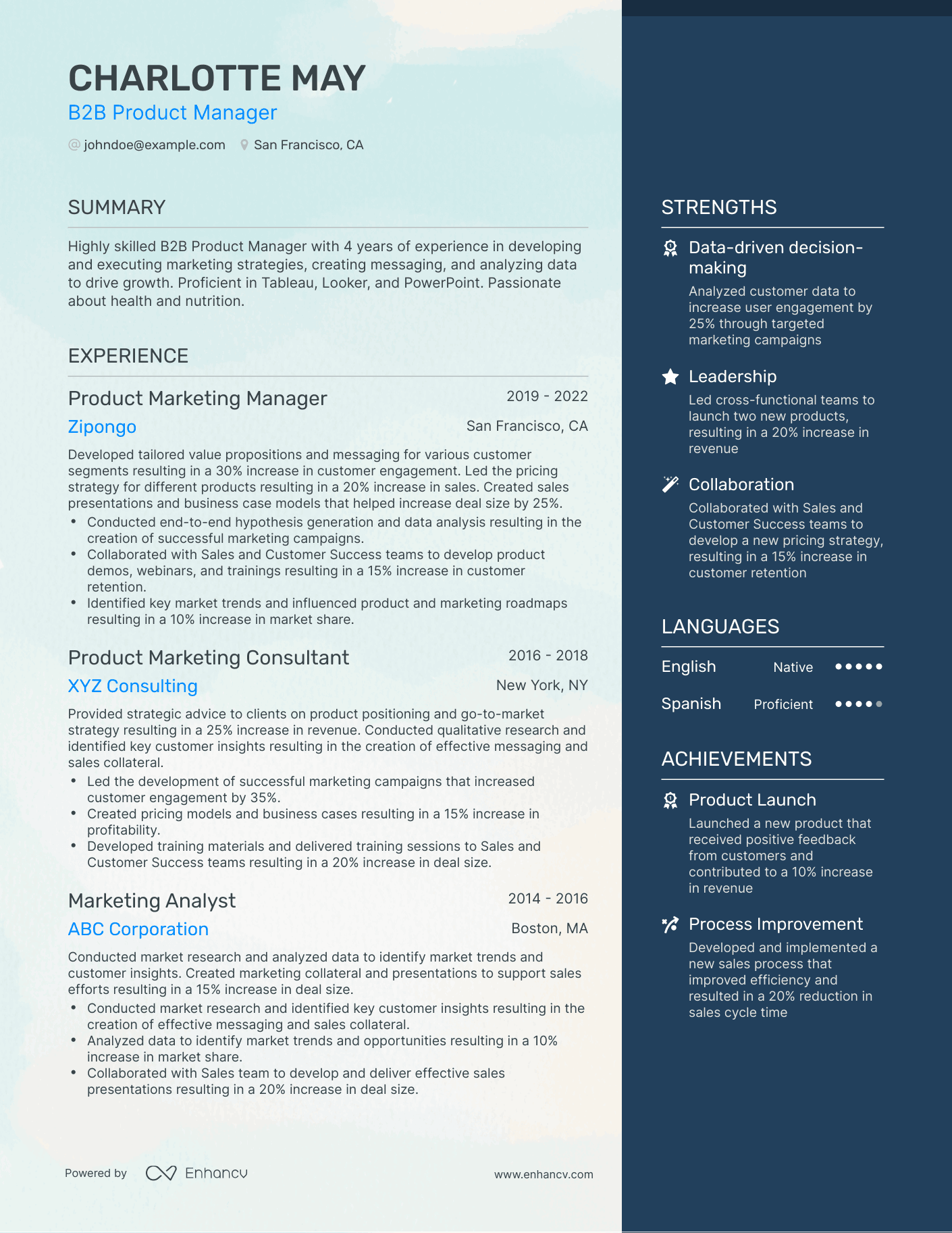 One Page B2B Product Manager Resume Template