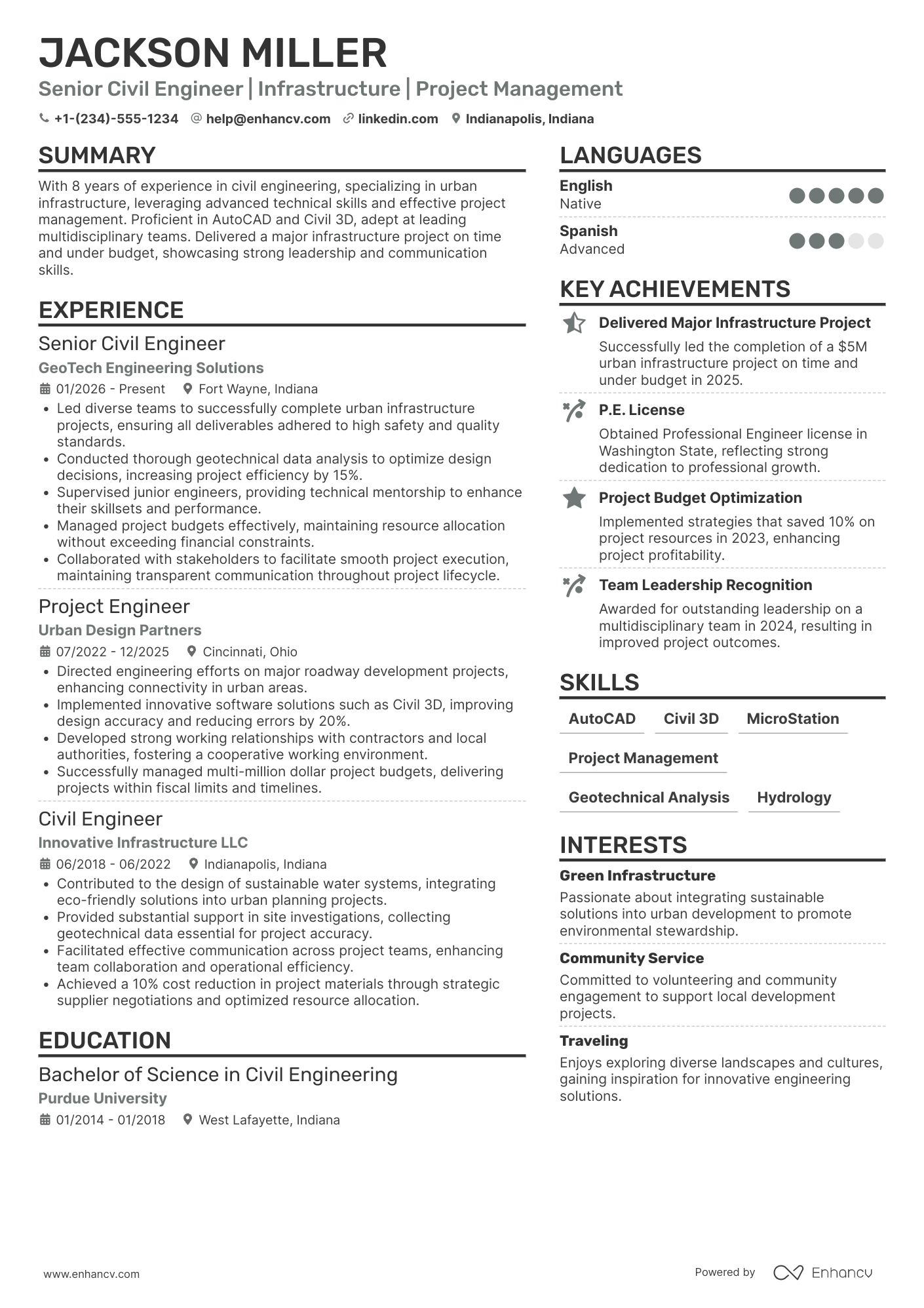 A resume example of a Senior Civil Engineer