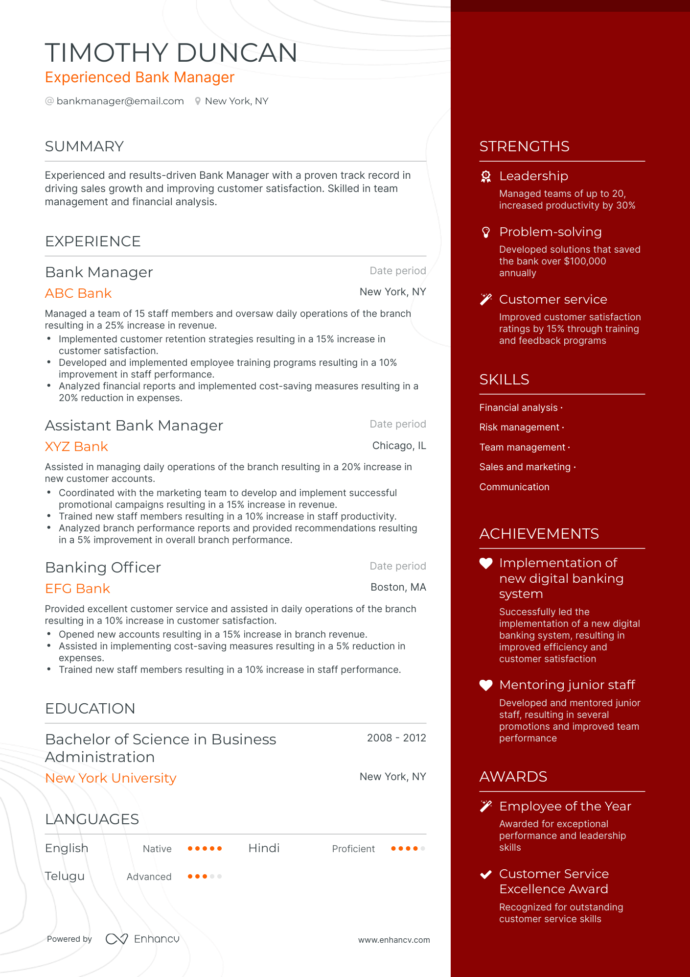 One Page Bank Manager Resume Template