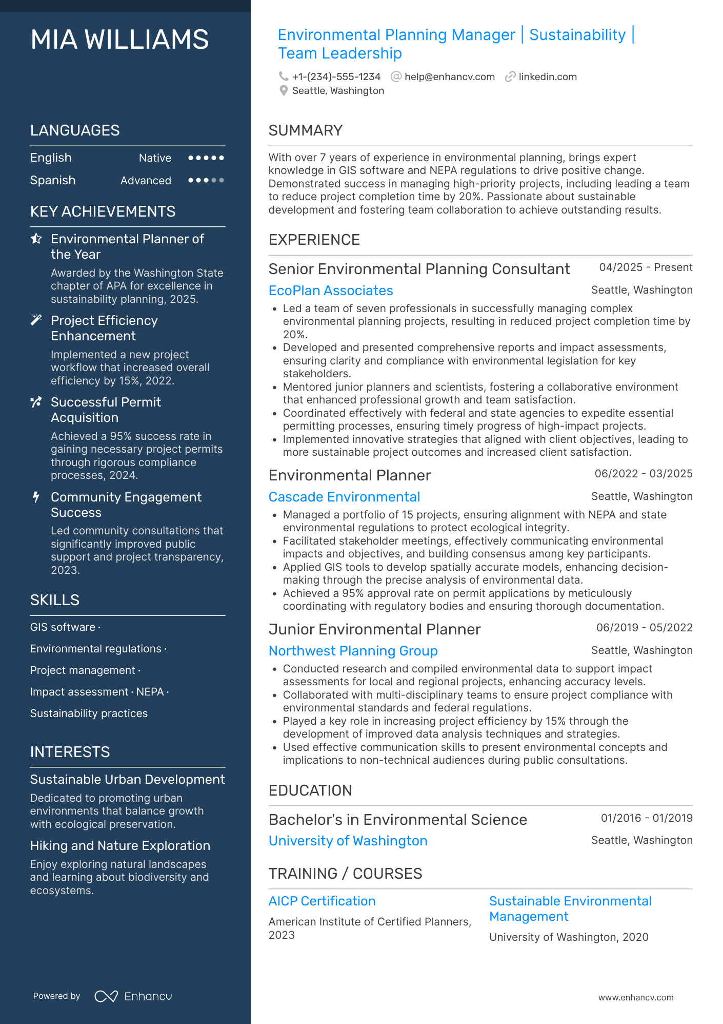 A resume example of a Environmental Planning Manager
