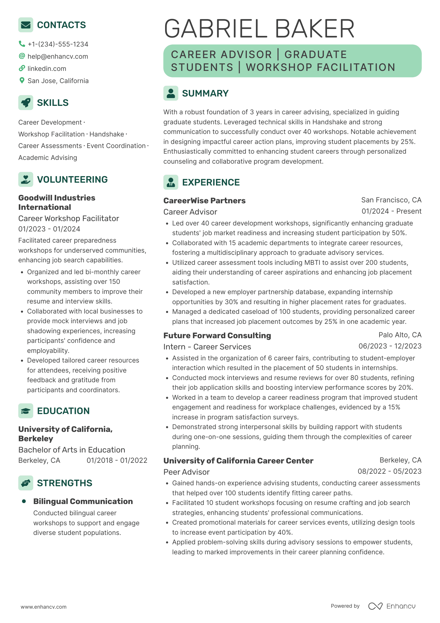 A resume example of a Grad School Career Services Advisor