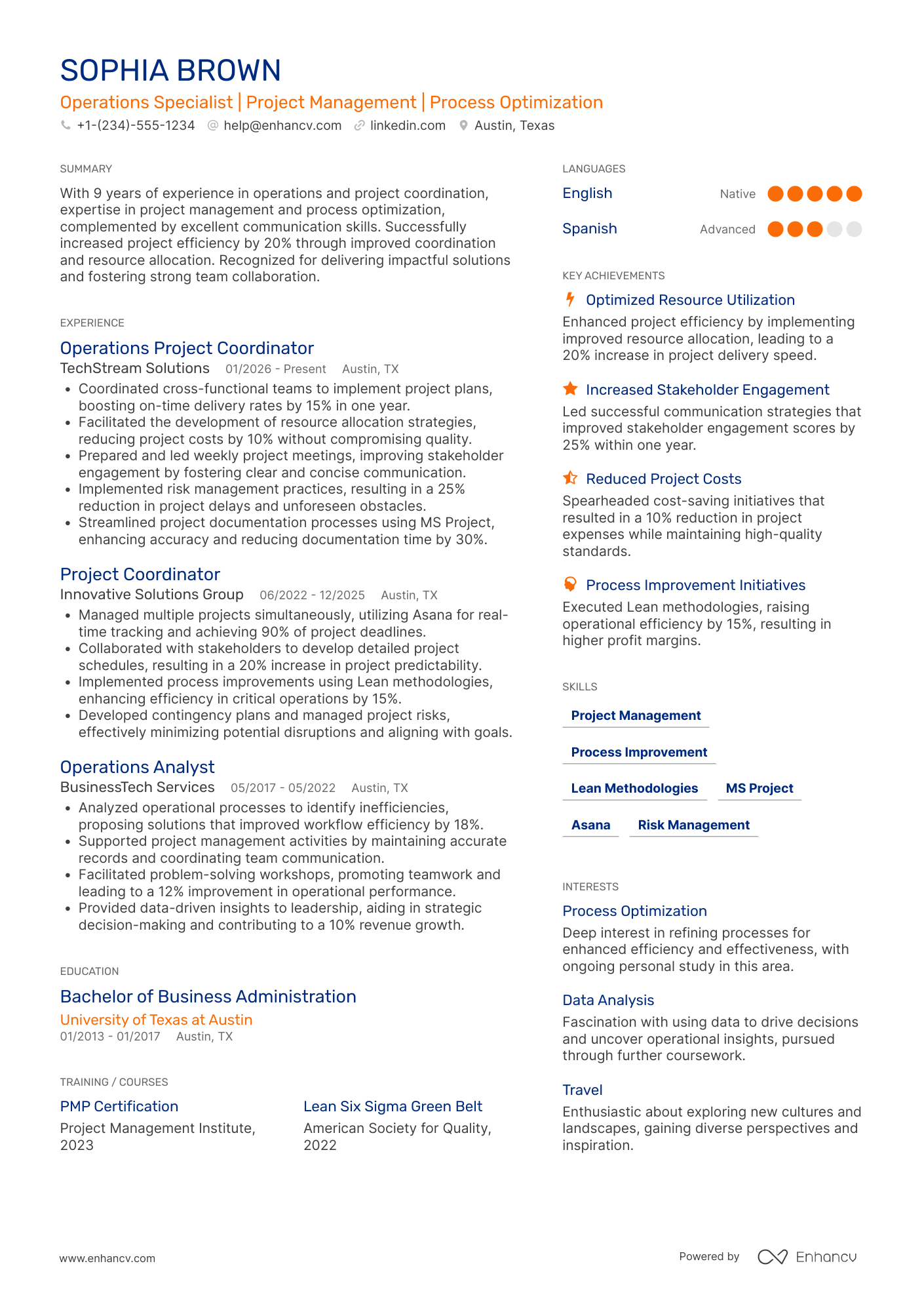 A resume example of a Operations Project Coordinator