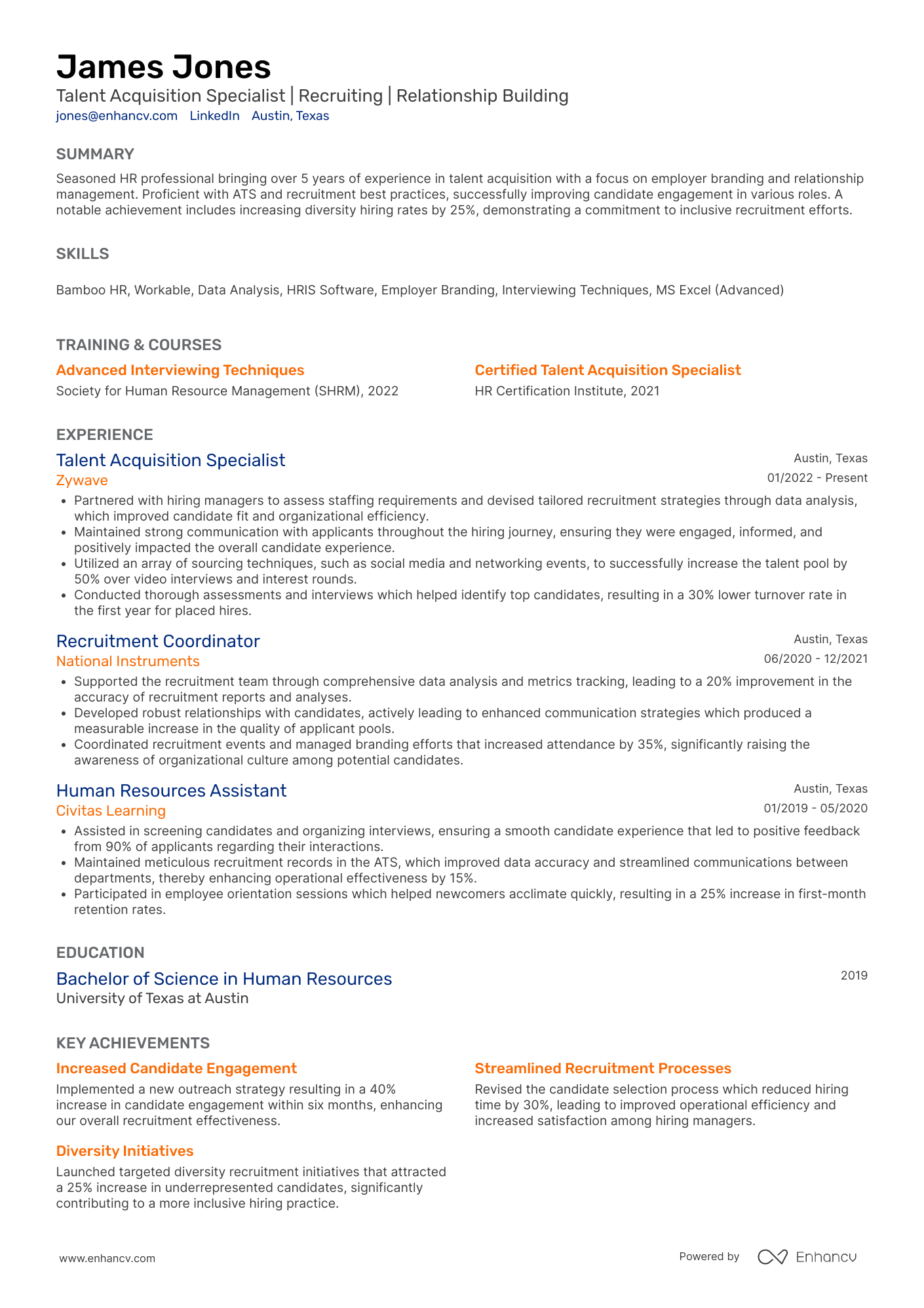 A resume example of a Talent Acquisition Specialist