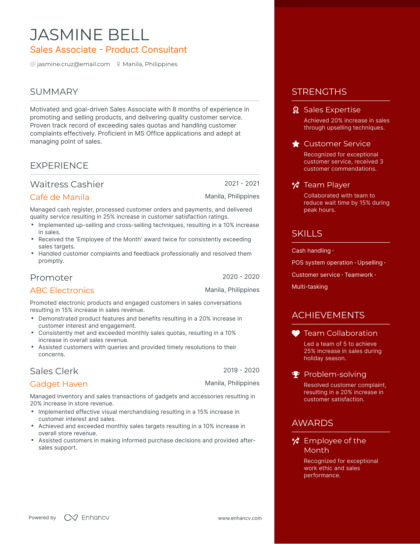 One Page Waitress Cashier Resume Template