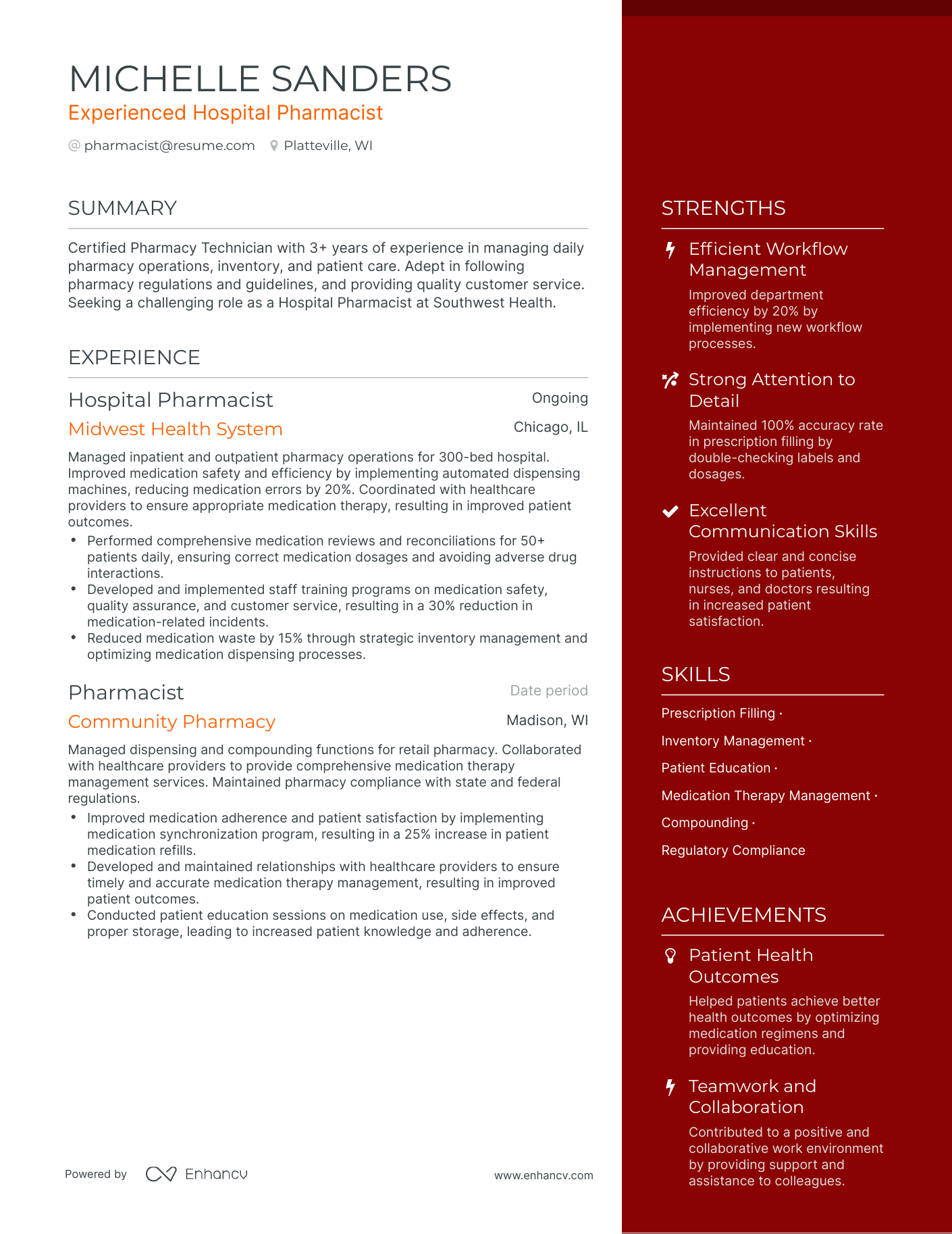 One Page Hospital Pharmacist Resume Template