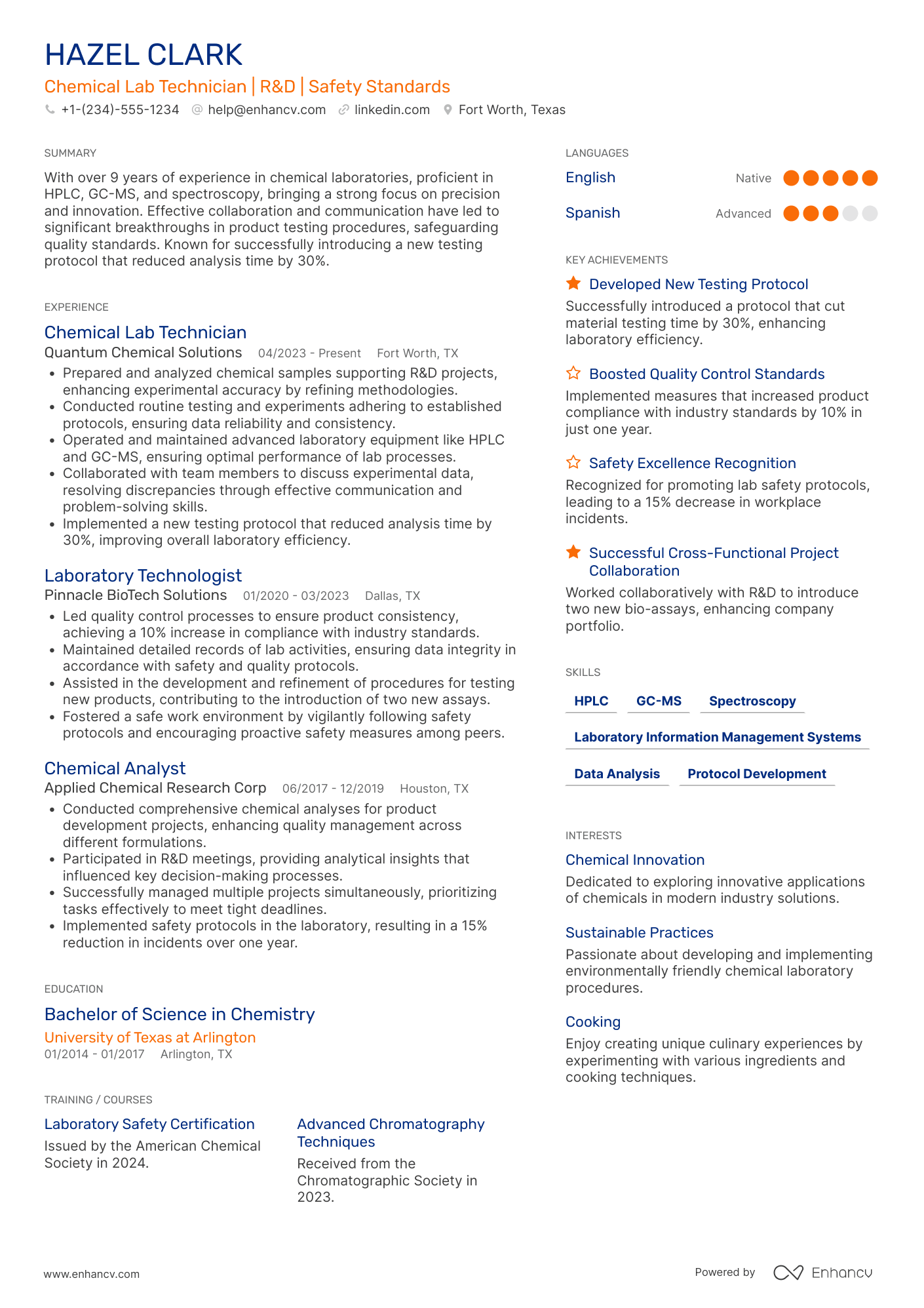 A resume example of a Chemical Lab Technician
