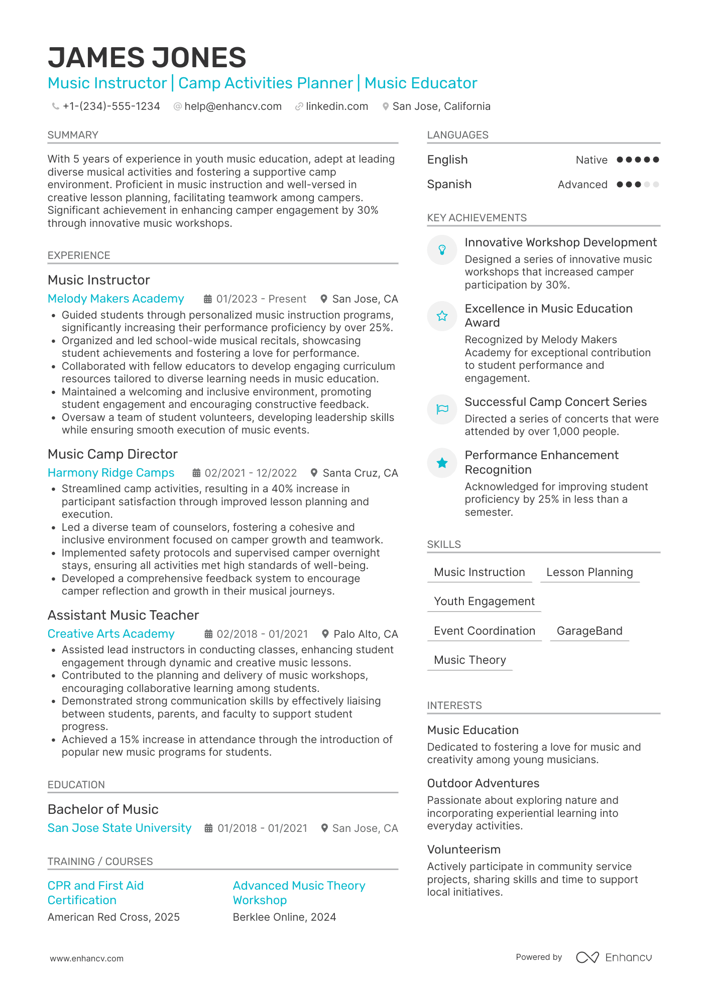 A resume example of a Music Camp Counselor