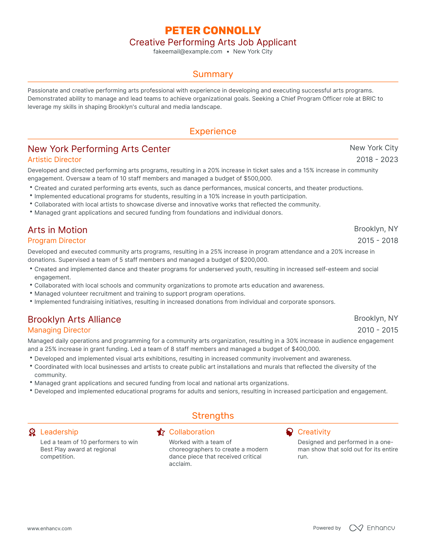 Traditional Performing Arts Resume Template