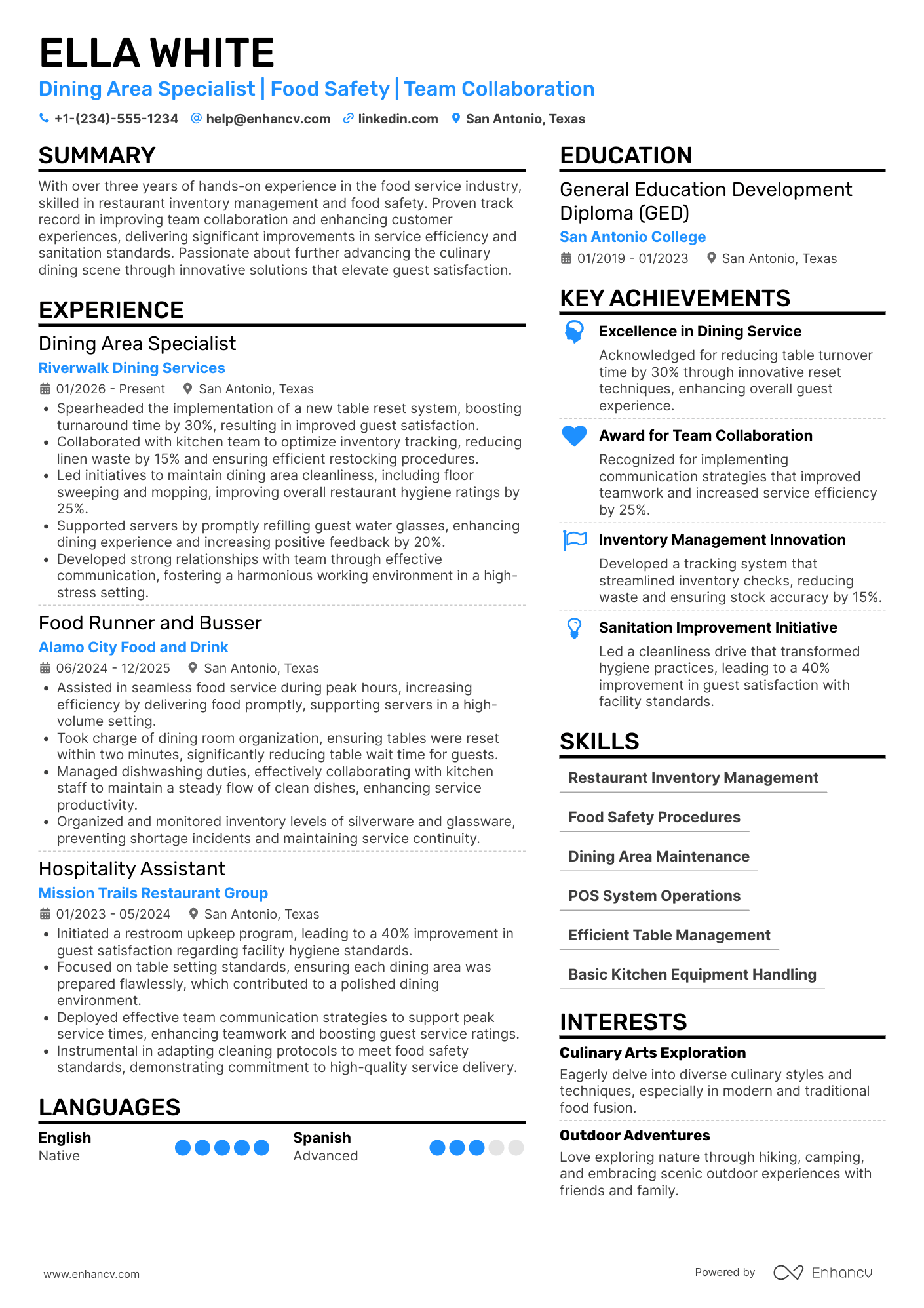 A resume example of a Busser