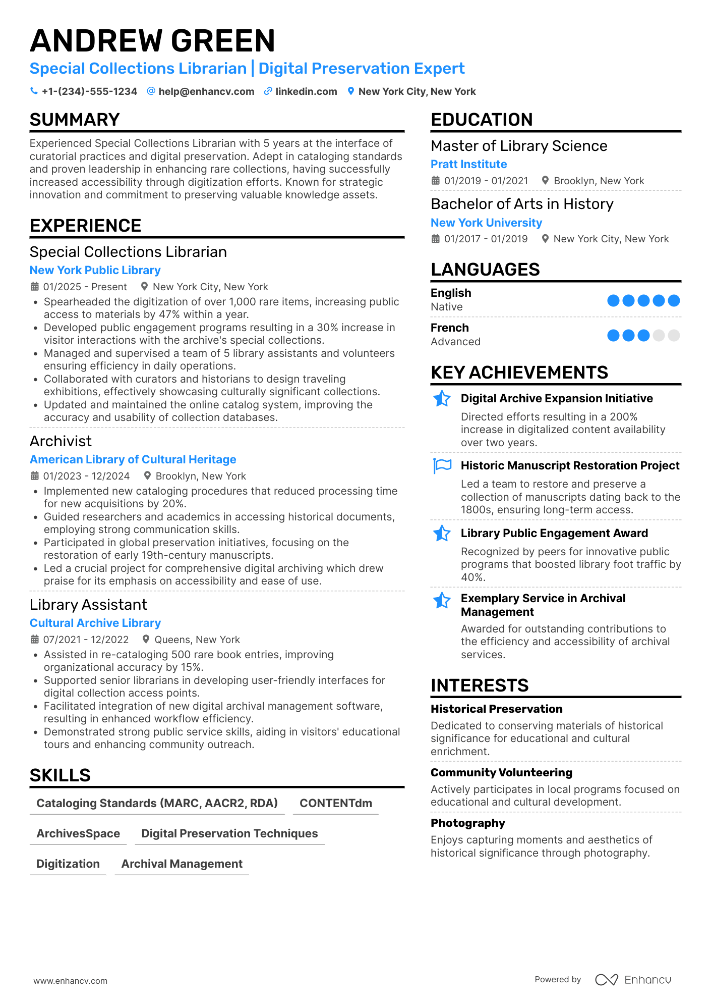 A resume example of a Special Collections Librarian