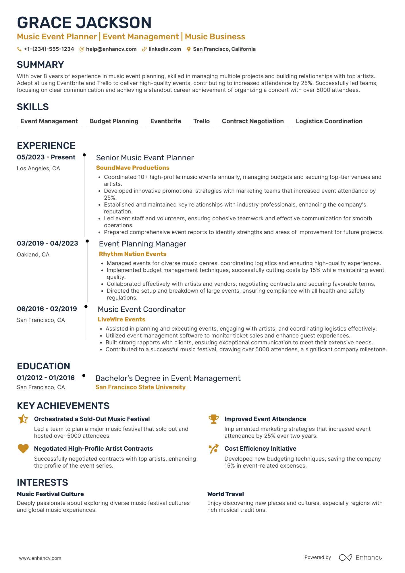 A resume example of a Music Event Planner