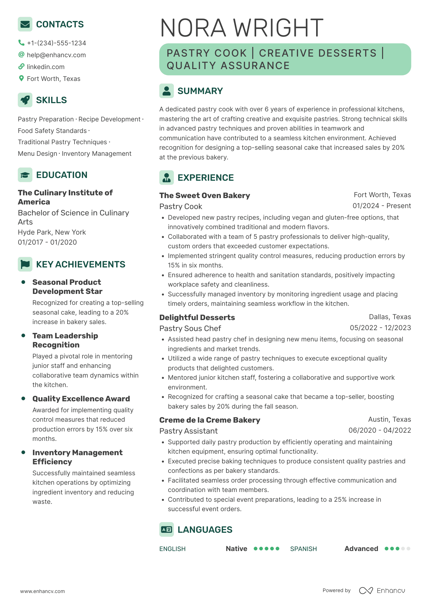 A resume example of a Pastry Cook