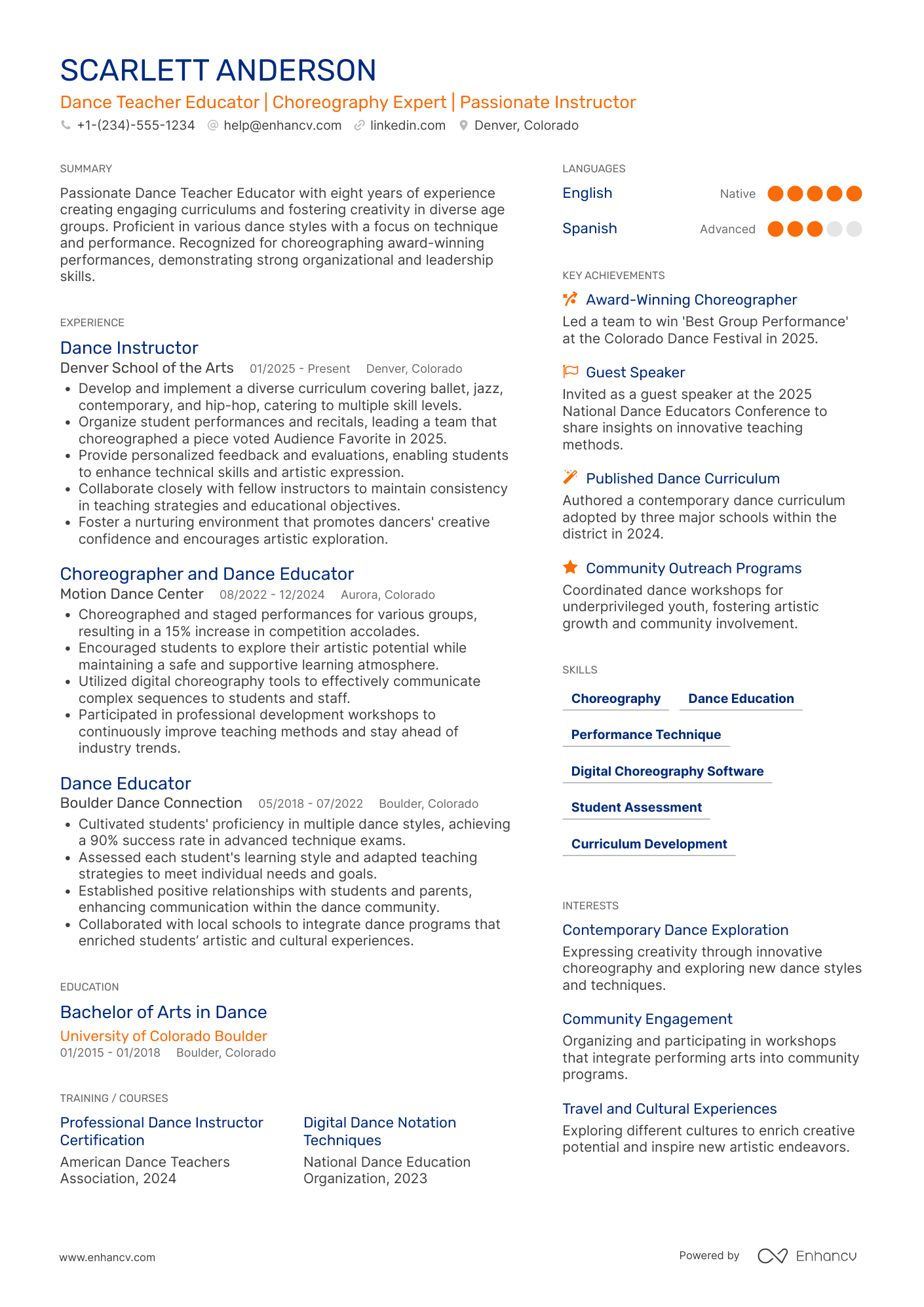 A resume example of a Dance Teacher Educator