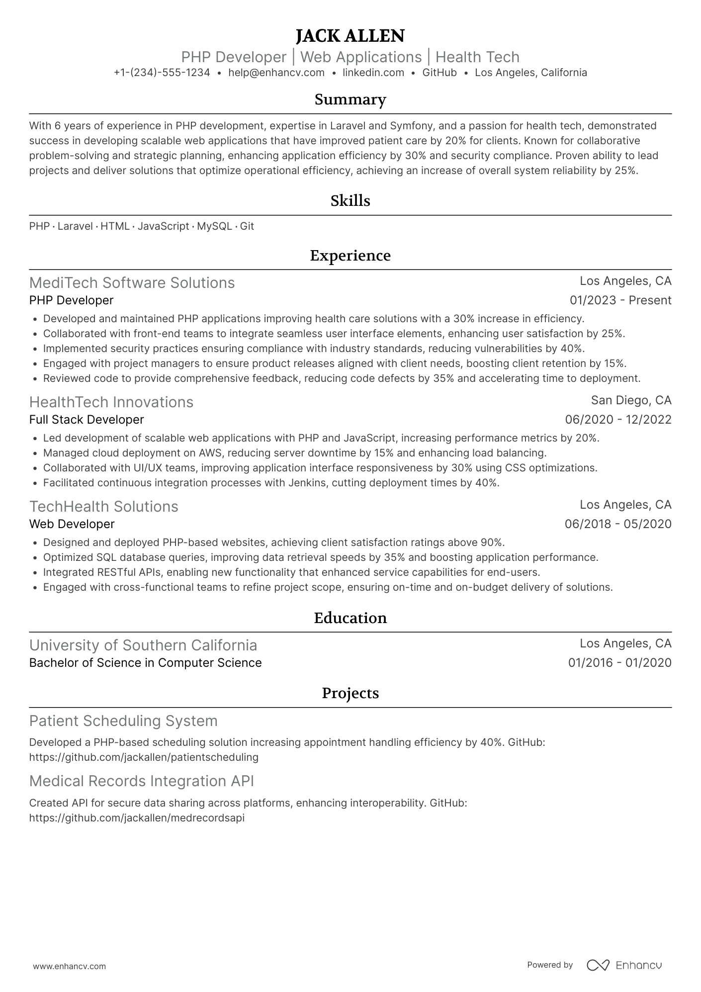 A resume example of a Mid Level PhP Developer