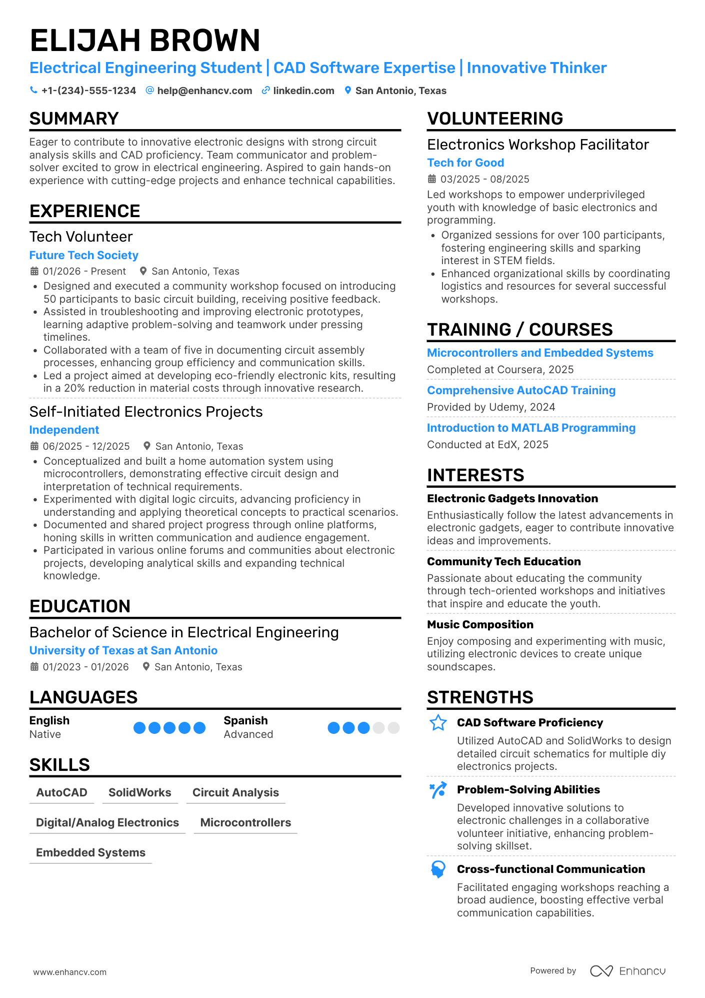 A resume example of a Electrical Engineering Intern