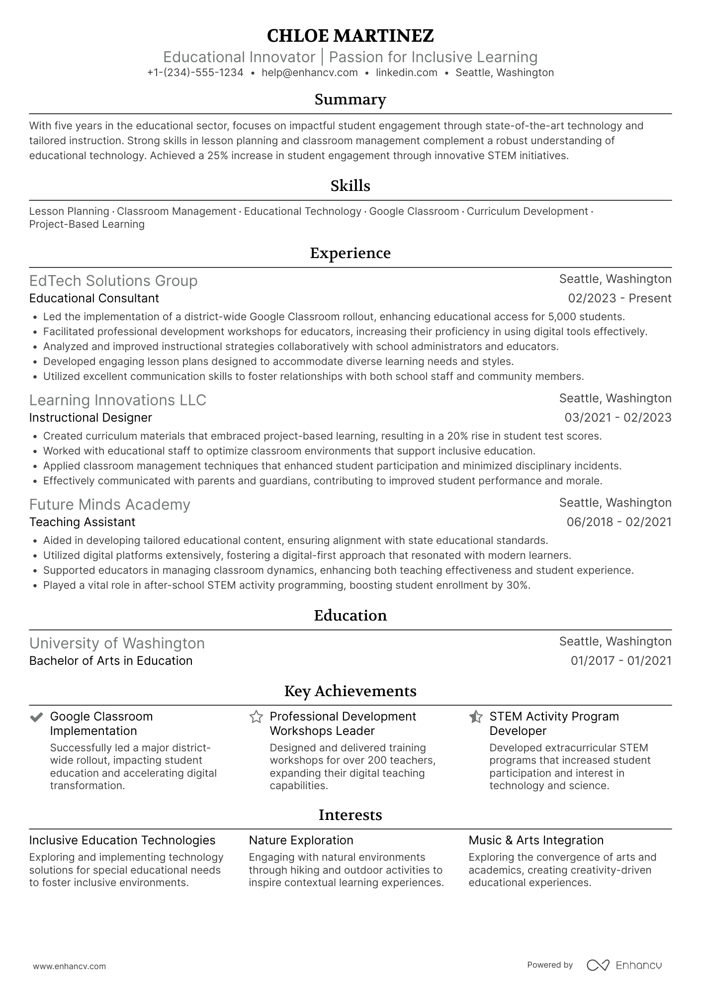A resume example of a First Year New Teacher