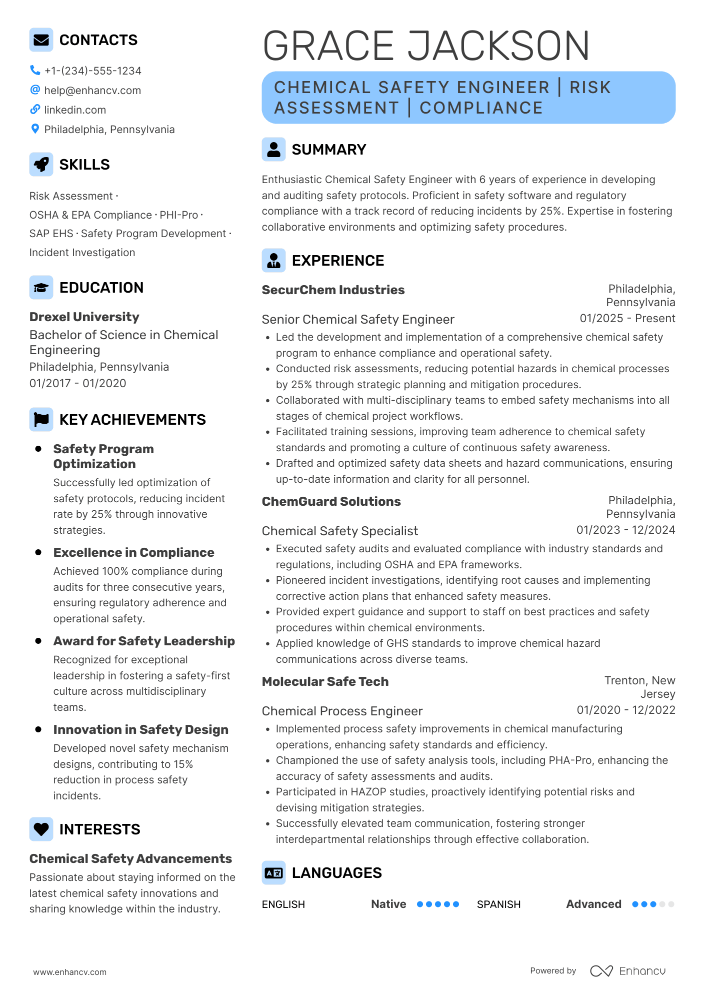 A resume example of a Chemical Safety Engineer