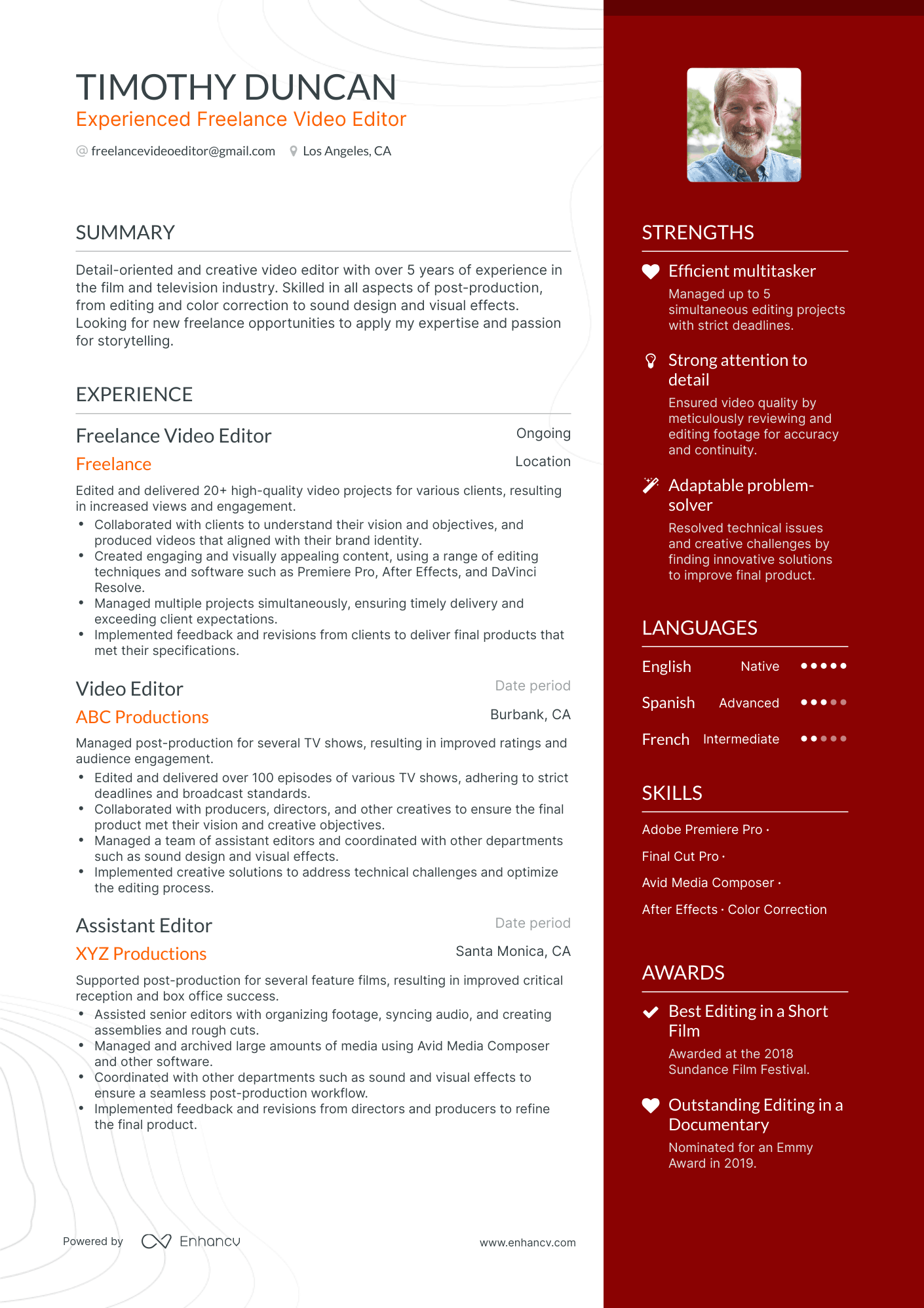 One Page Freelance Editor Resume Template