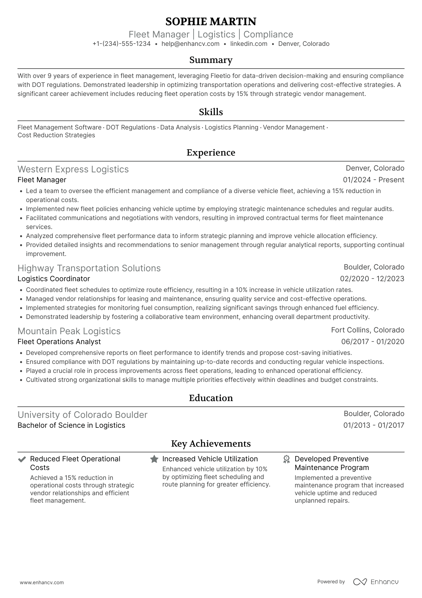 A resume example of a Fleet Manager