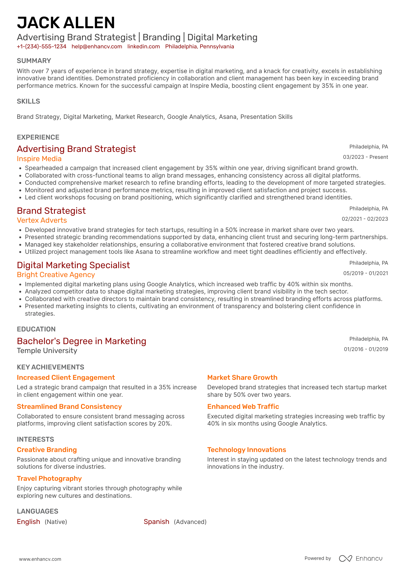 A resume example of a Advertising Brand Strategist