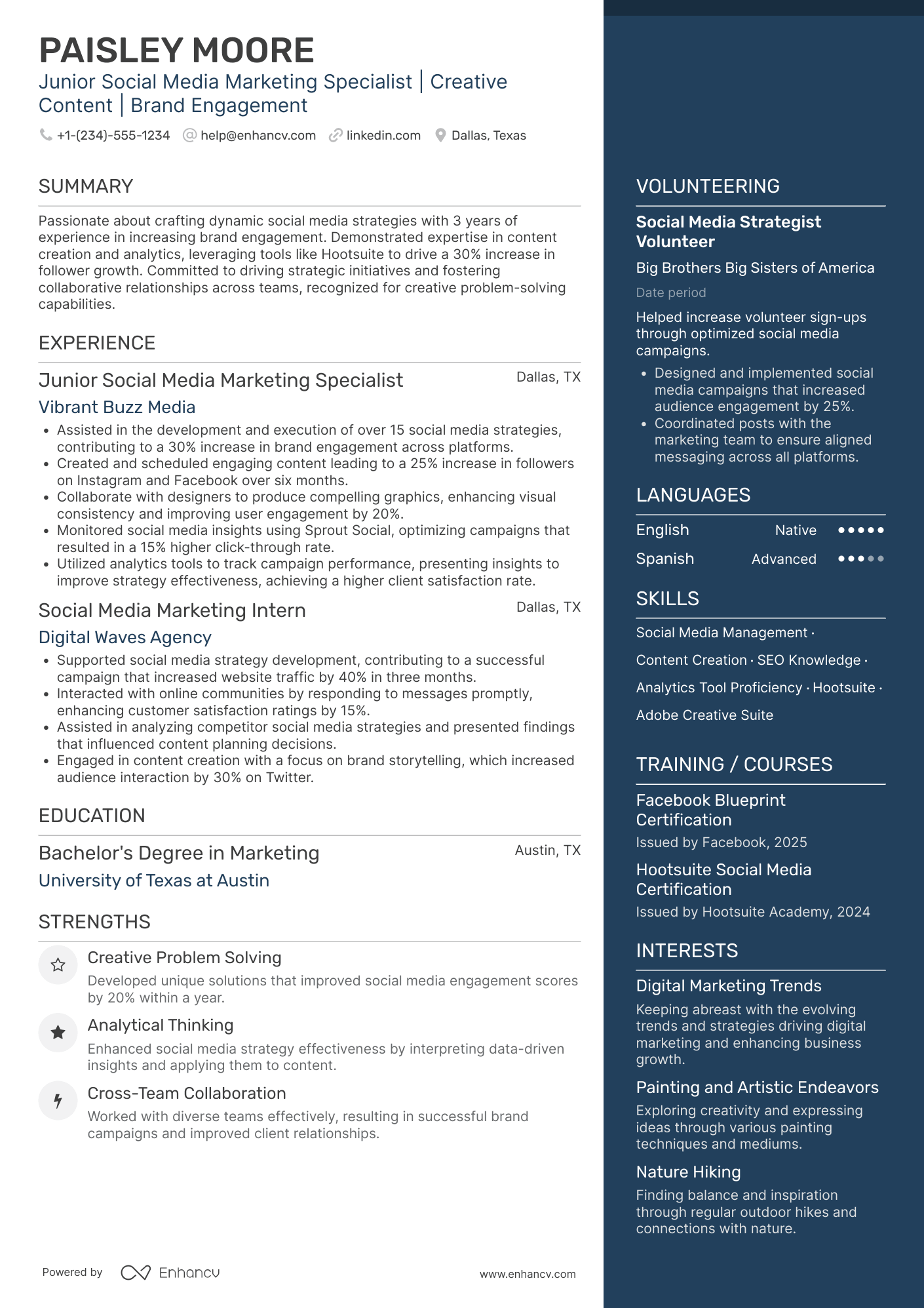 A resume example of a Junior Social Media Marketing Specialist