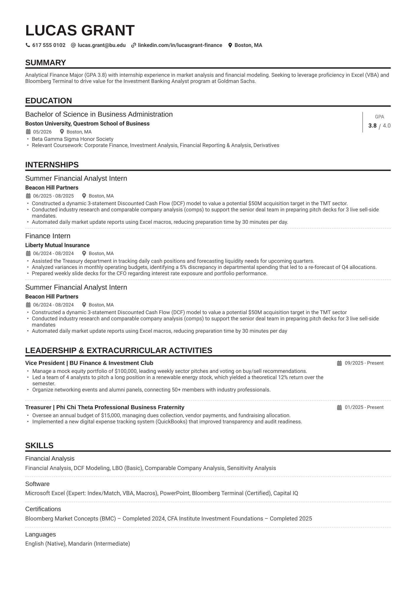 A resume example of a Finance College Student