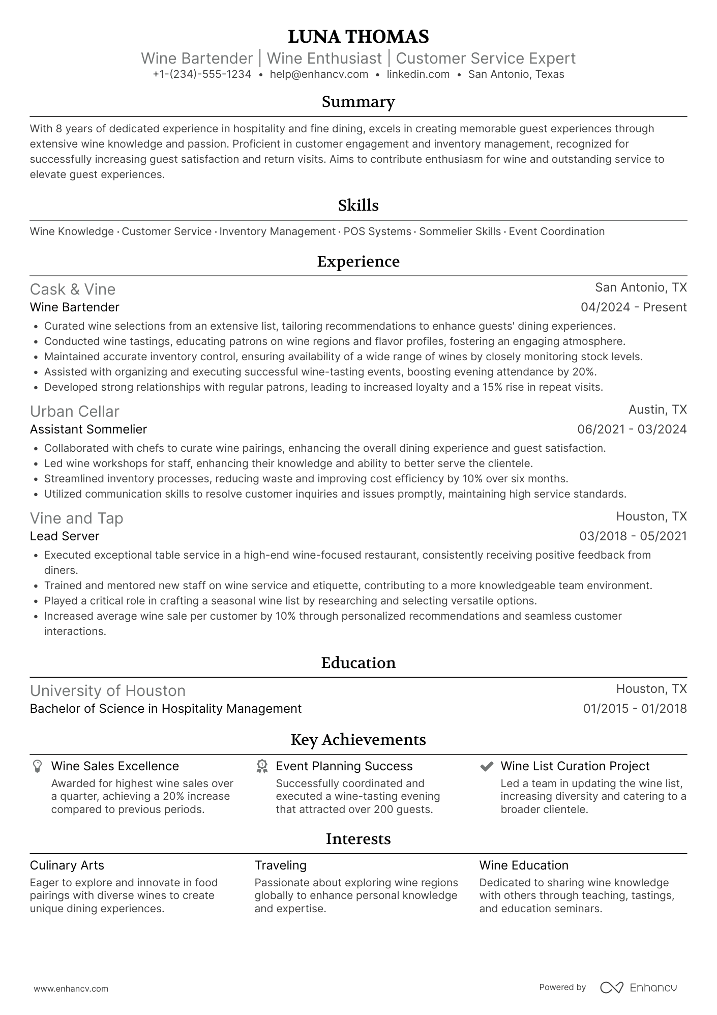 A resume example of a Wine Bartender
