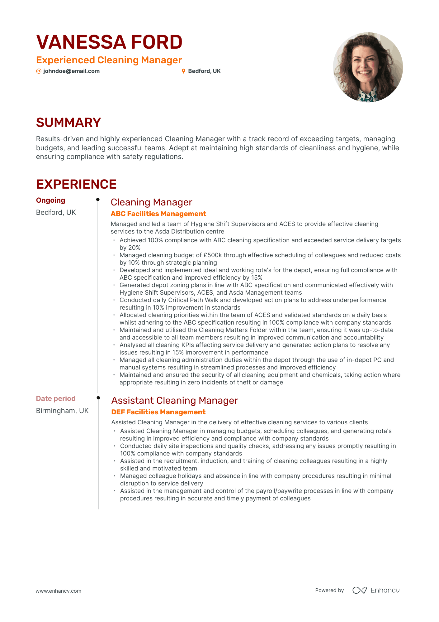 Timeline Cleaning Manager Resume Template