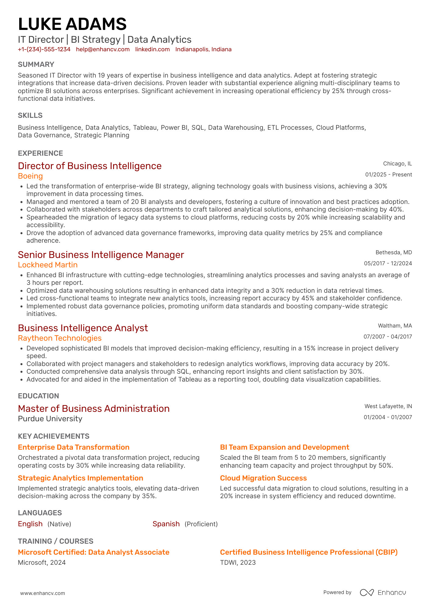 A resume example of a IT Director of Business Intelligence