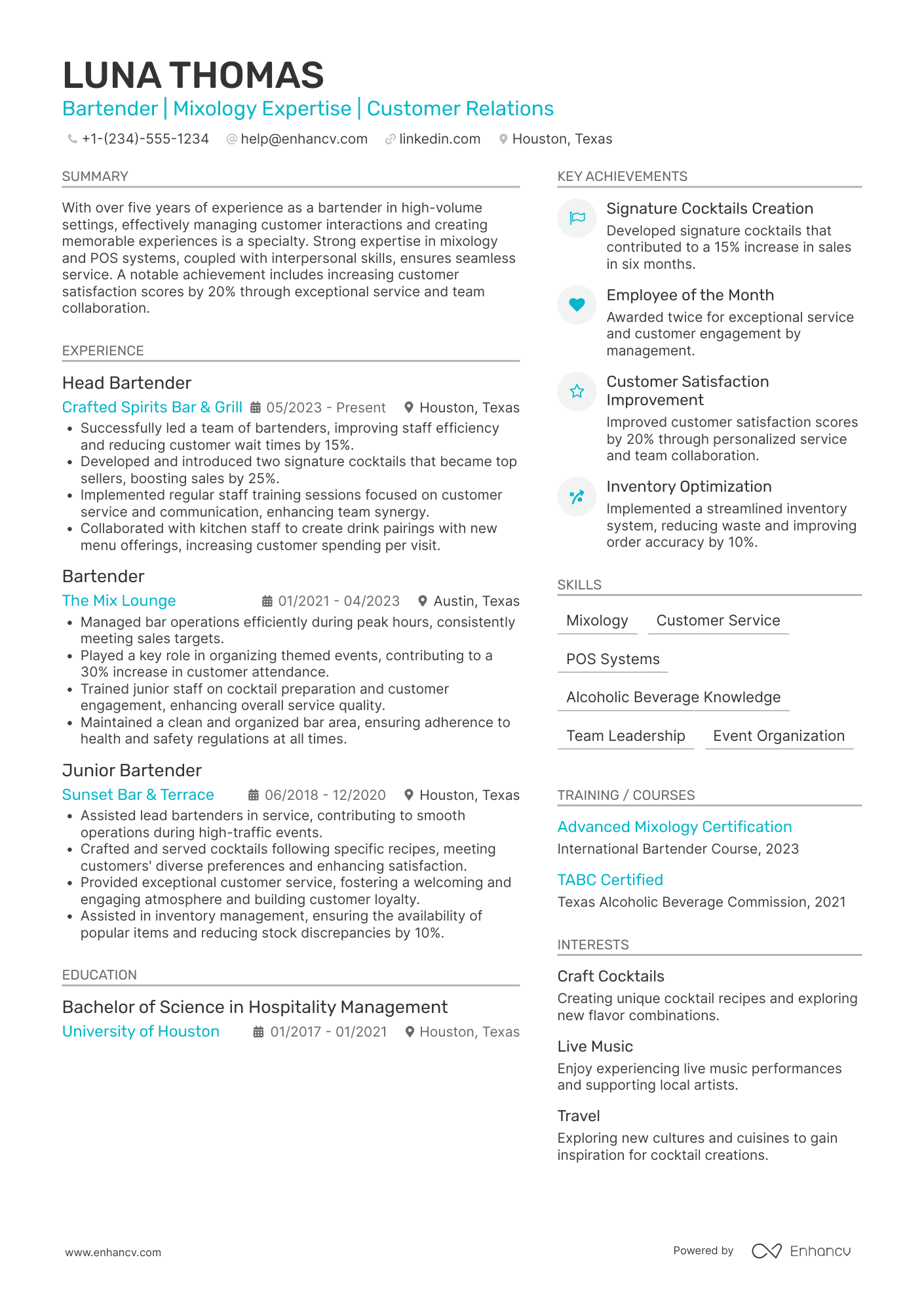 A resume example of a High Volume Bartender