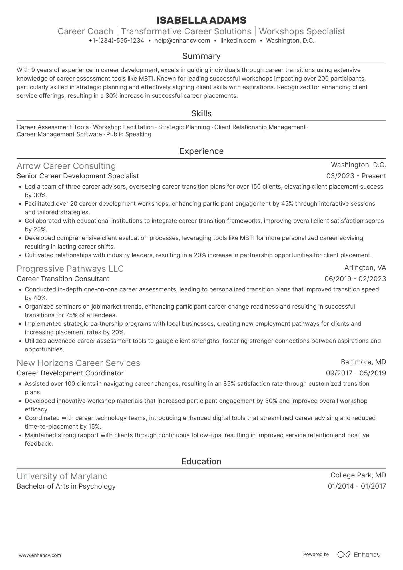 A resume example of a Career Change Coordinator