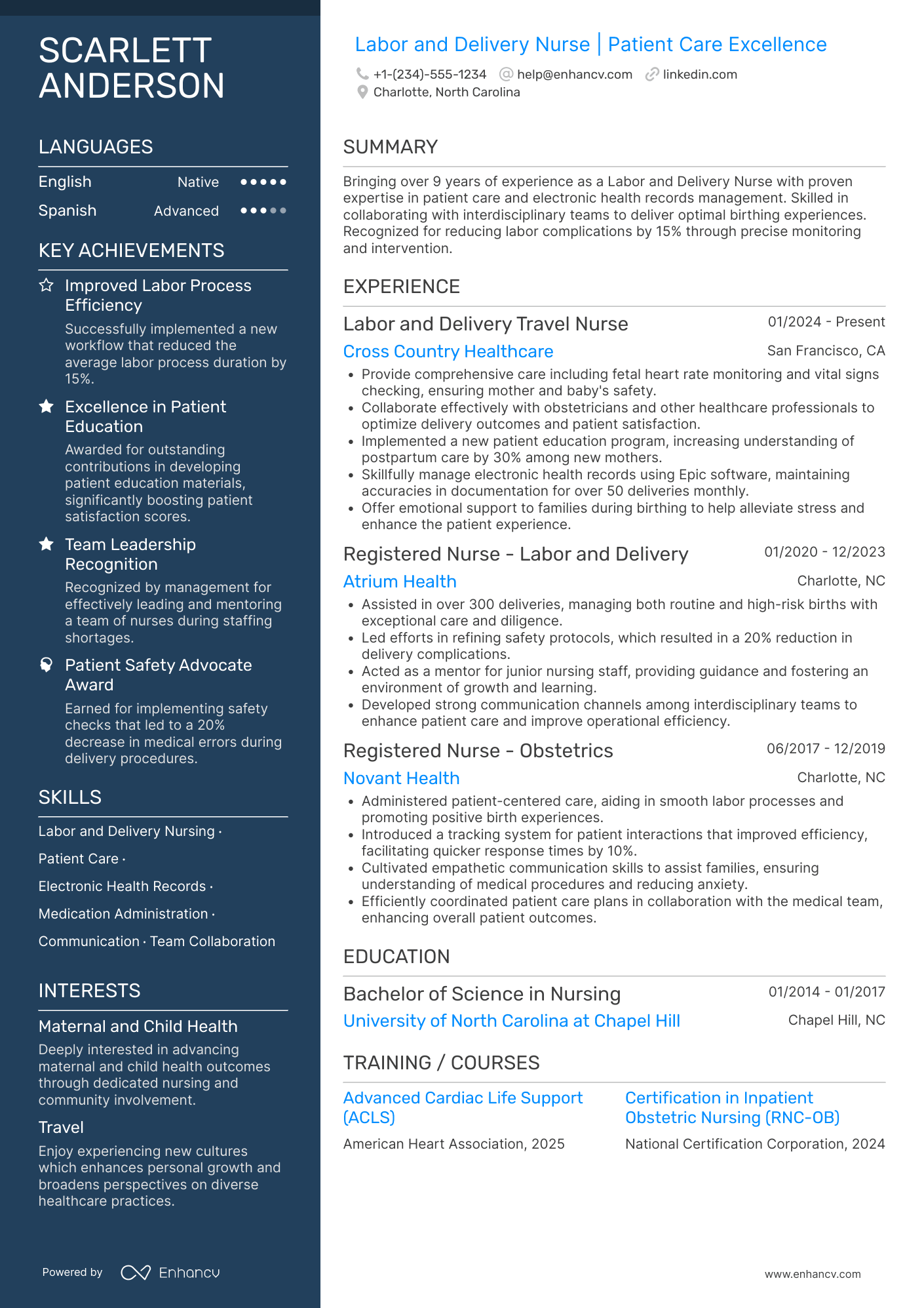 A resume example of a Labor and Delivery Travel Nurse