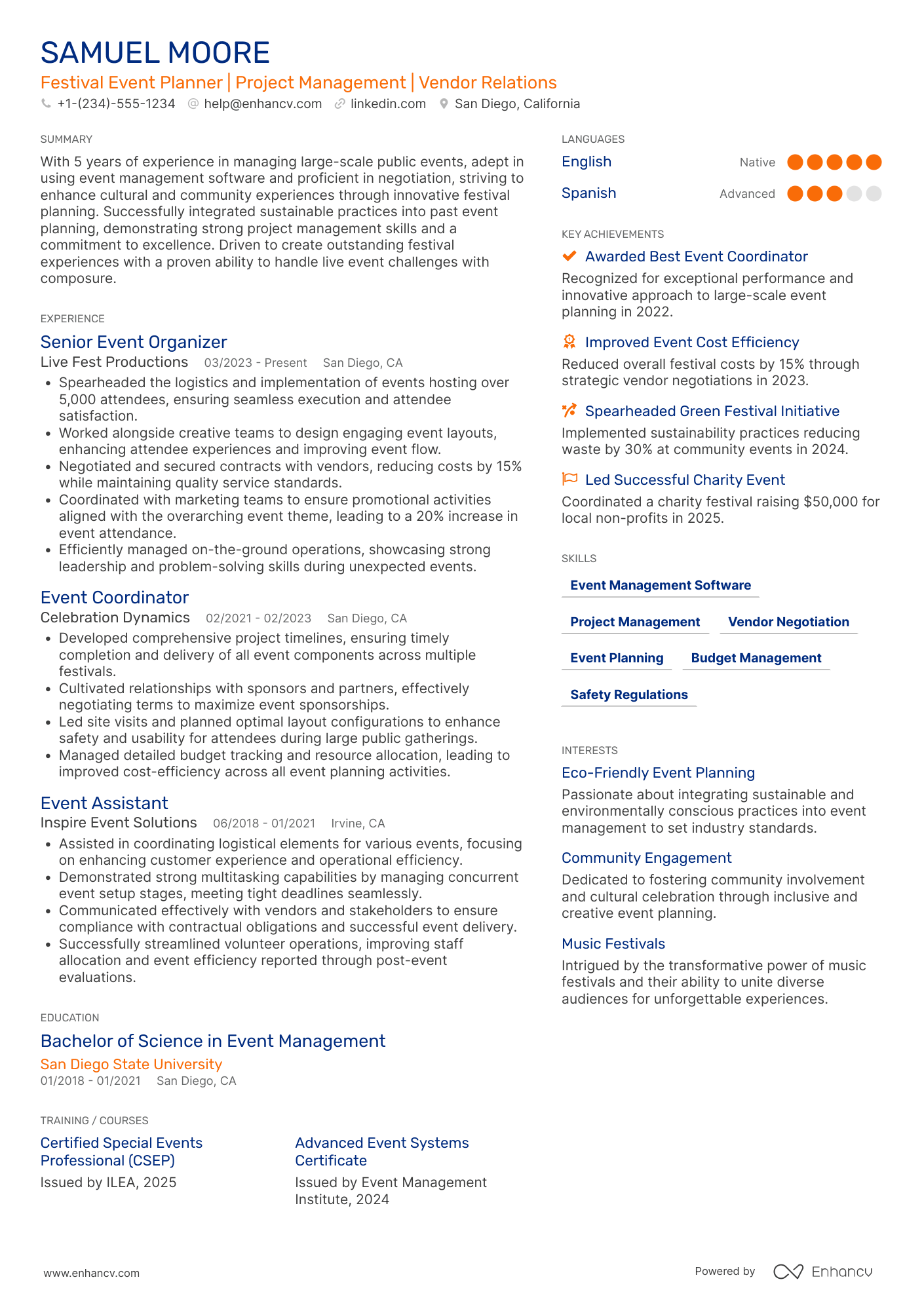 A resume example of a Festival Event Planner