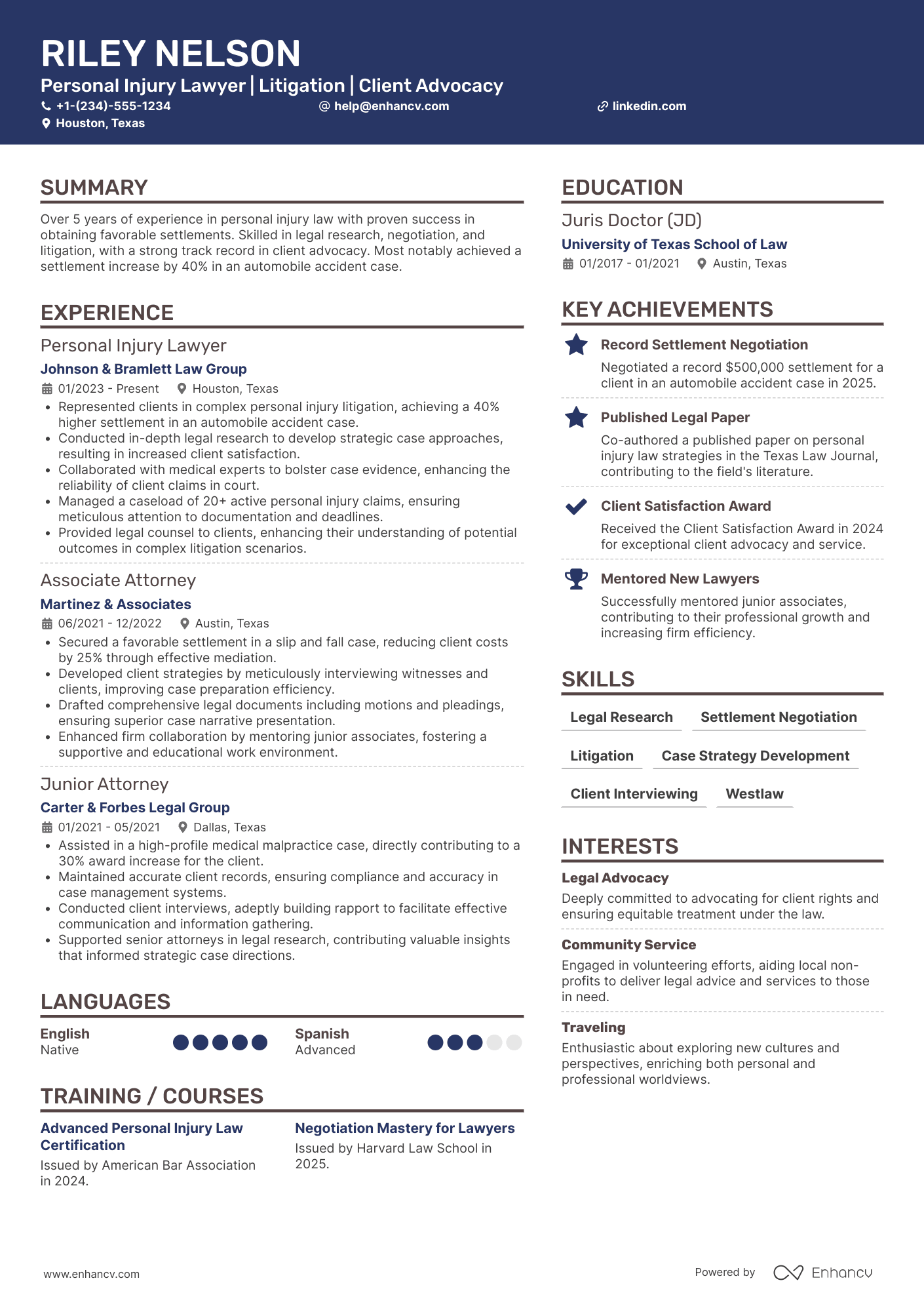 A resume example of a Personal Injury Lawyer