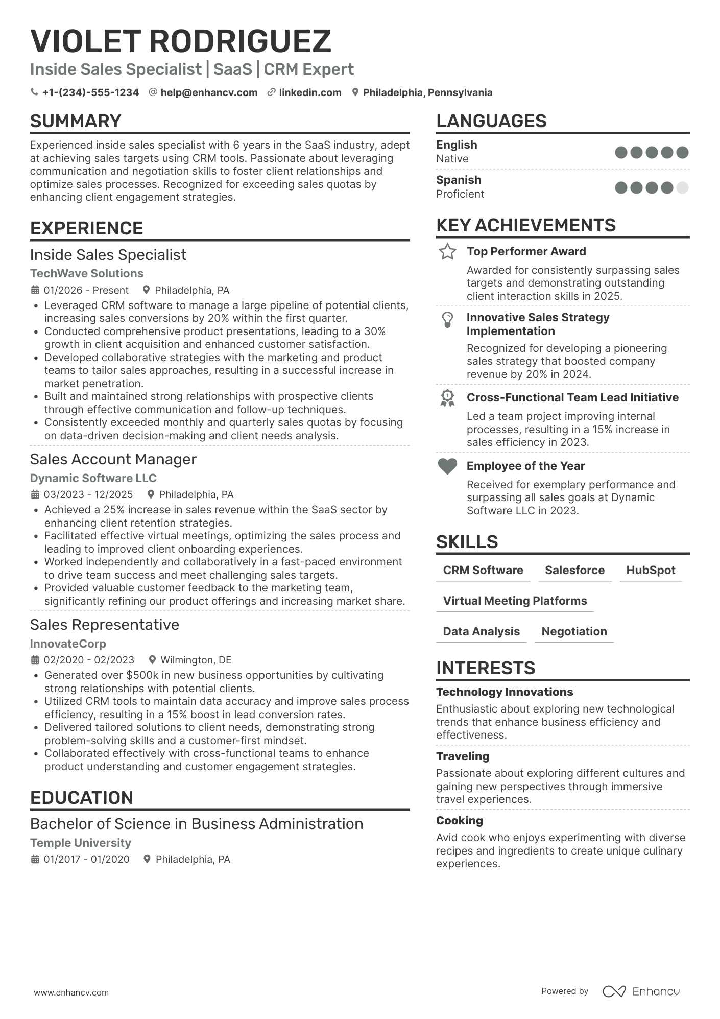 A resume example of a Inside Sales