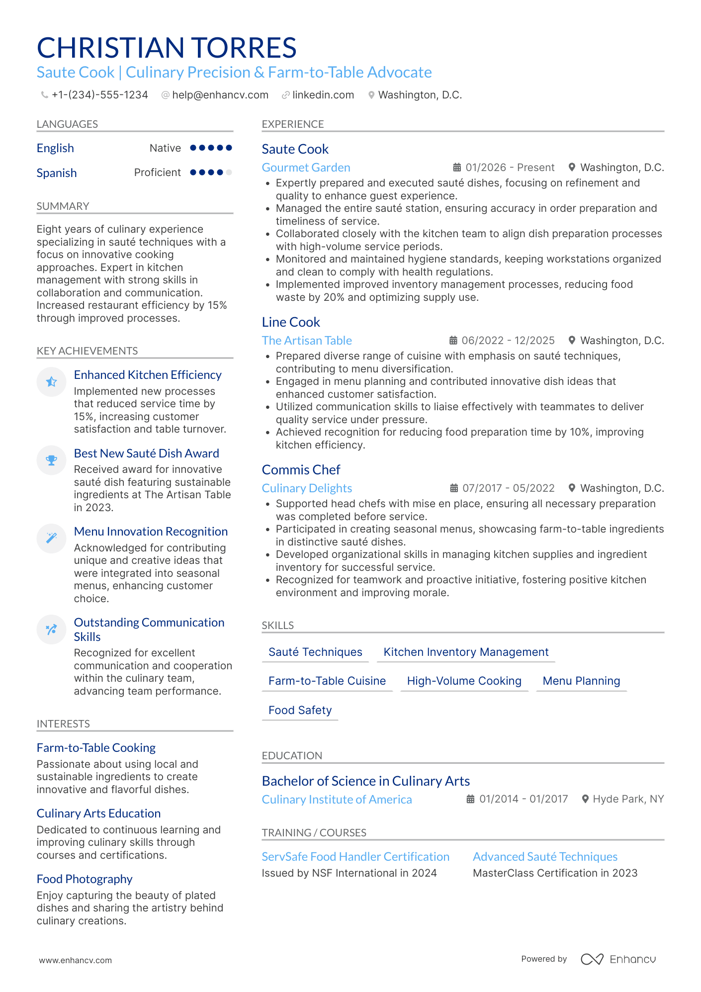 A resume example of a Saute Cook