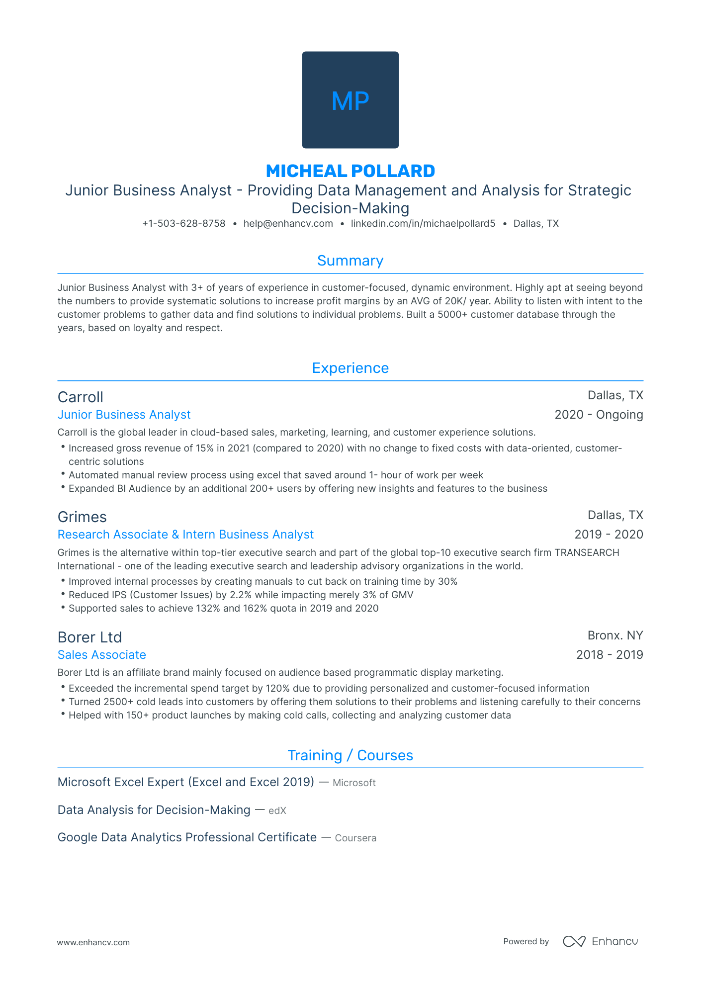 Traditional Junior Business Analyst Resume Template