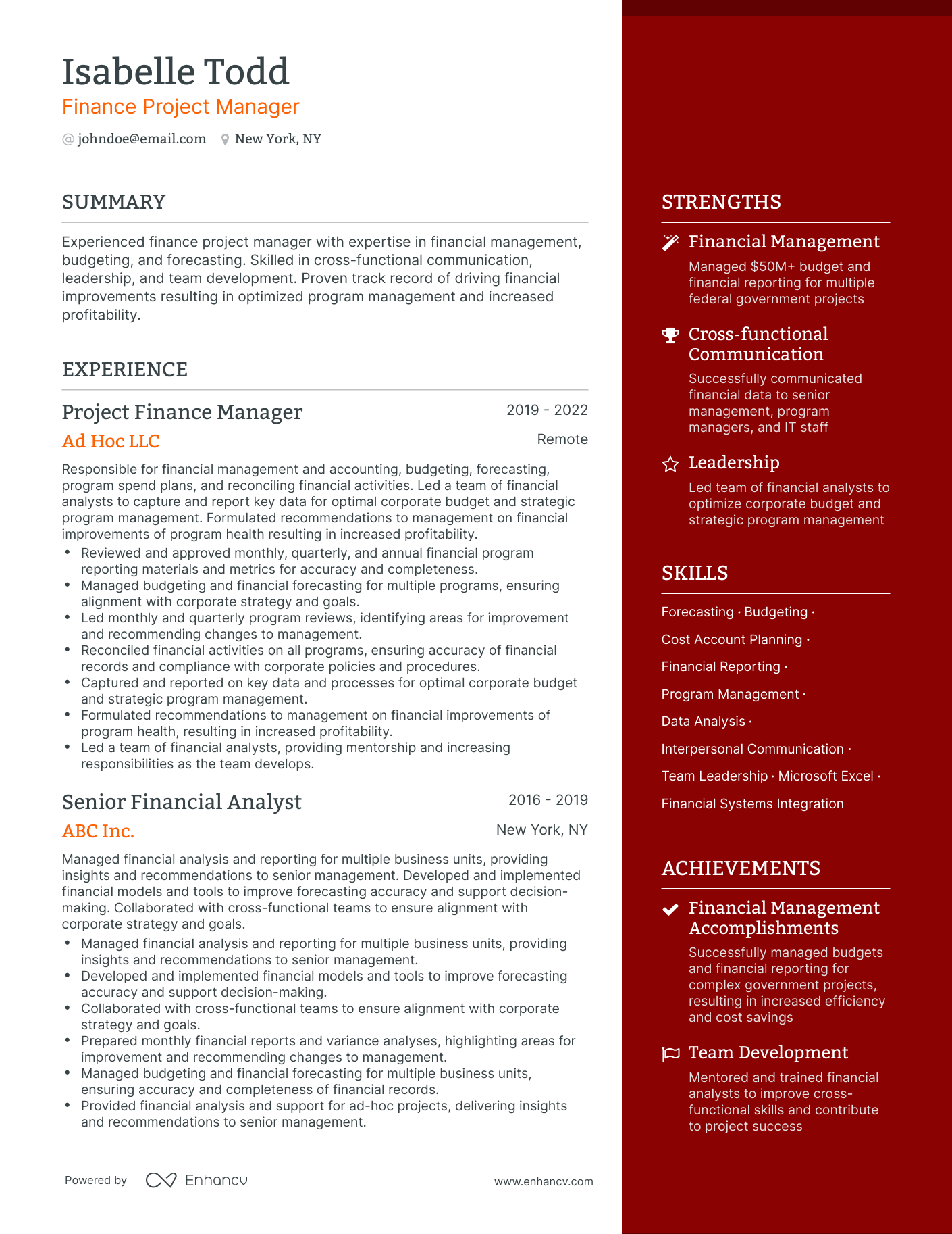 One Page Finance Project Manager Resume Template